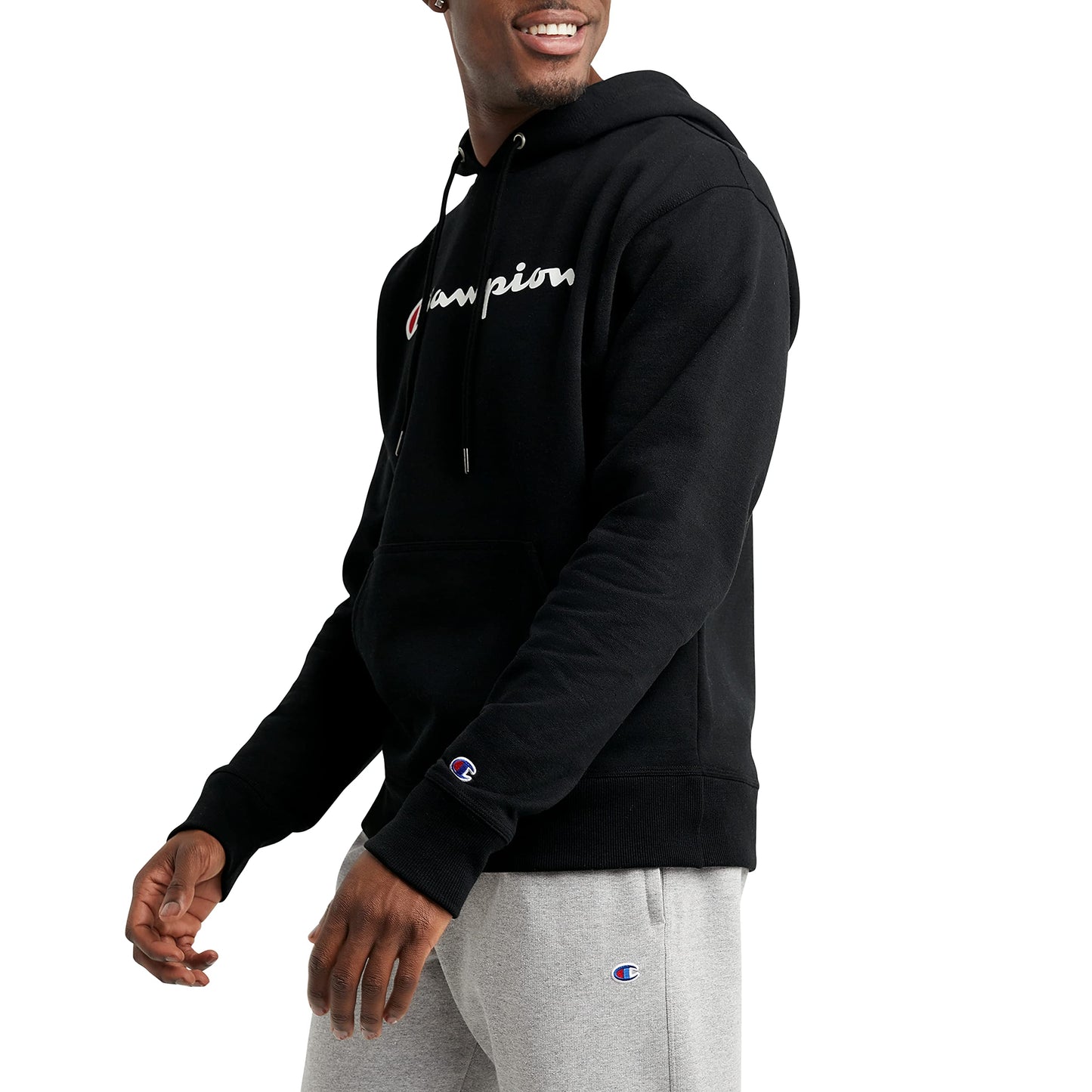 Champion Men's Graphic Powerblend Fleece Hoodie, Black Script, Medium