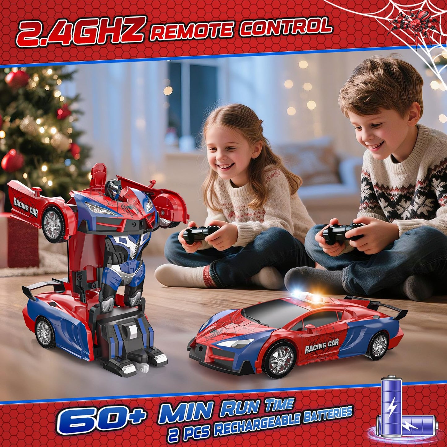 Spider Transform Remote Control Cars for Kids - 2.4GHz RC Police Car for 3 4 5 6 7 8 Year Old Boys, 1:18 Scale Robot Toy Car with One-Key Transformation & 360° Rotation, Kids Christmas Birthday Gifts