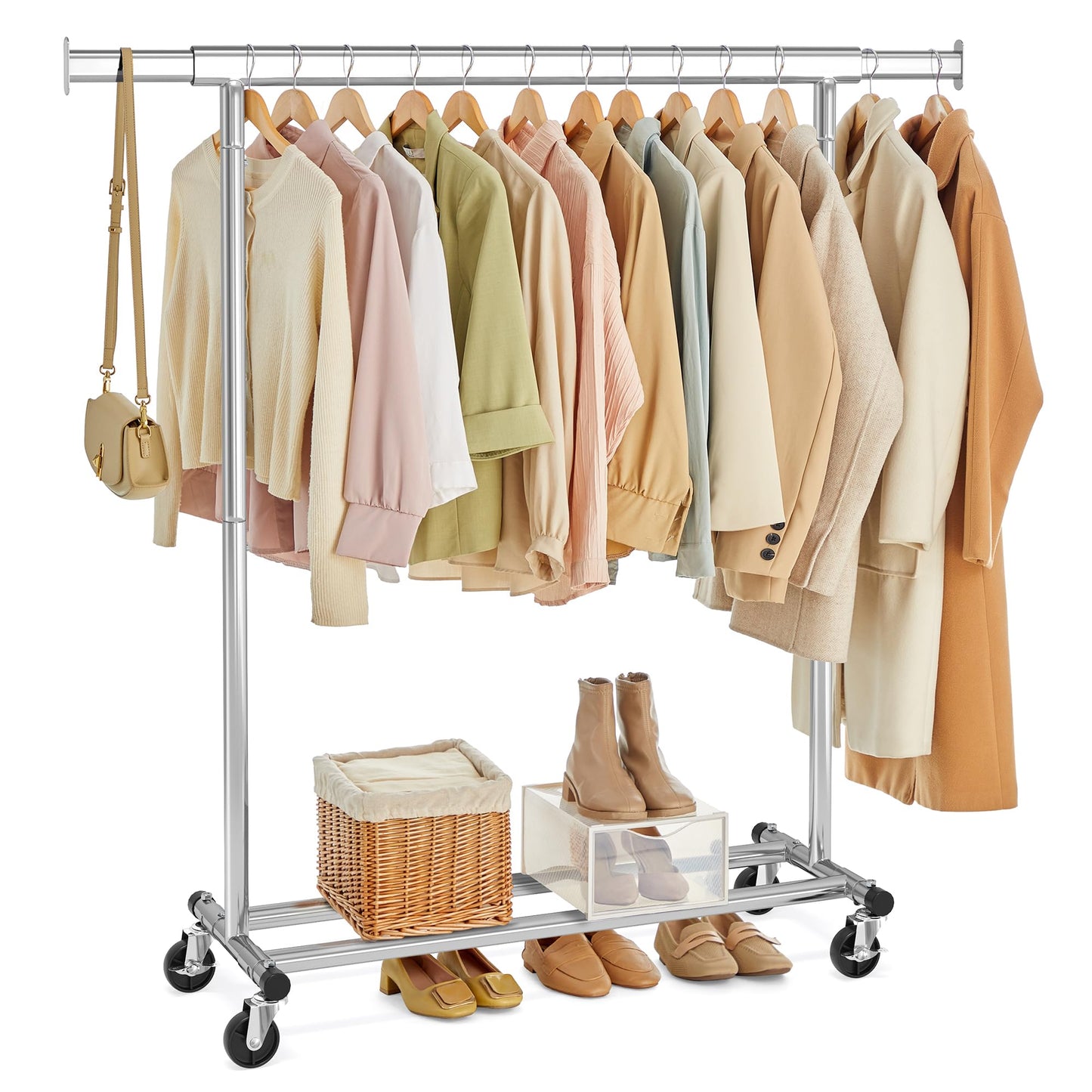 SONGMICS Clothes Rack with Wheels, Heavy-Duty Clothing Rack for Hanging Clothes, Portable, 17.7 x (36.2-52) x 63.6 Inches, with Extendable Rail, 220 lb Load Capacity, Silver UHSR13SV1