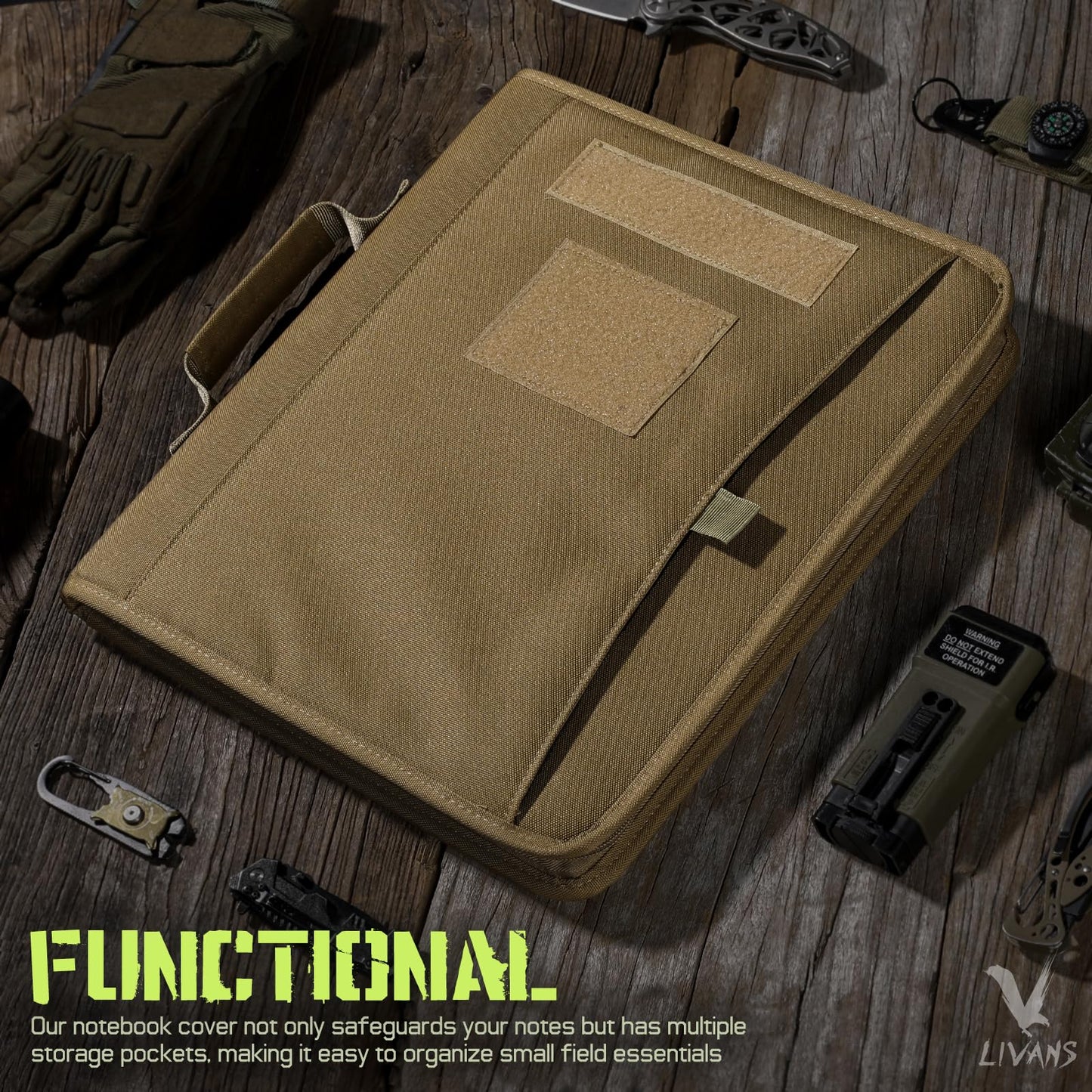 LIVANS Tactical Notebook Portfolio Padfolio Ring Binder with Zipper Army Military Notebook Planner Contains 25 Sheets A4 Letter Paper and Detachable 3-Ring Binder Multi-Storage Handle Bag for Out-work