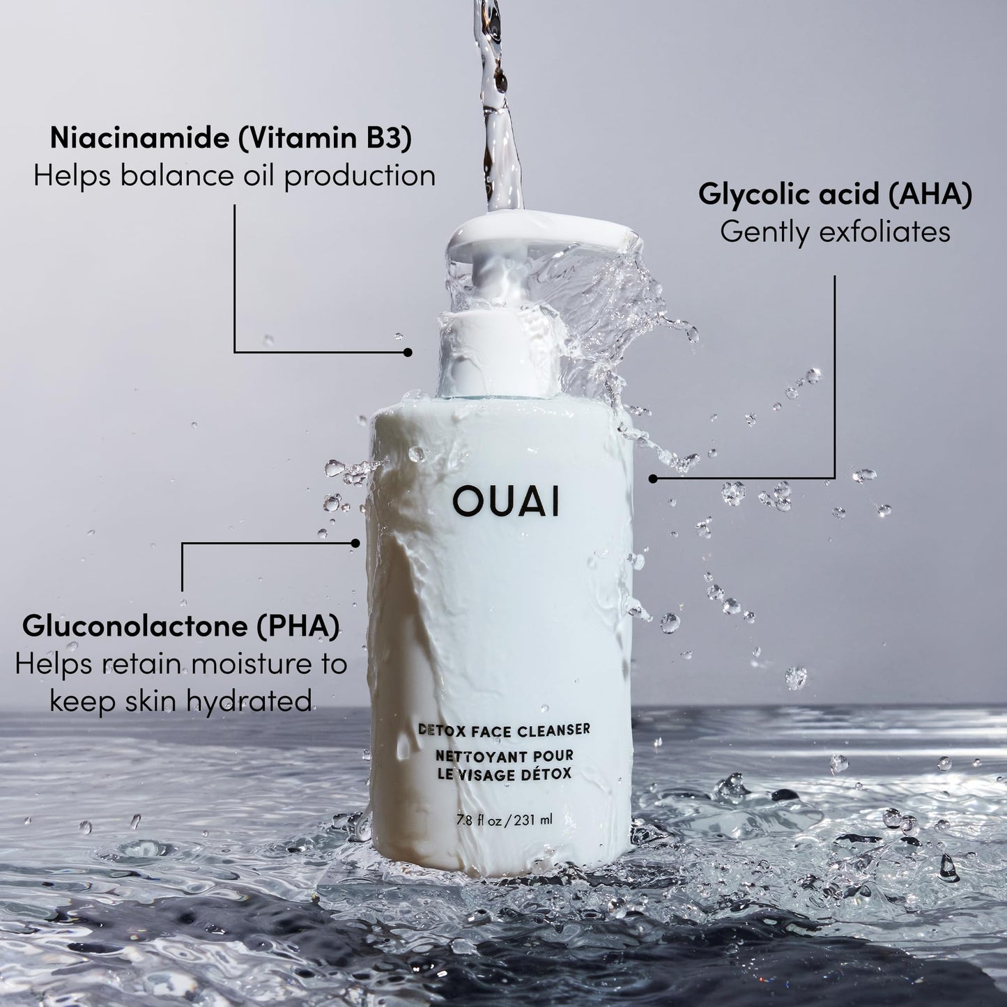 OUAI Detox Facial Cleanser - Deep Cleansing Face Wash with Glycolic Acid, Niacinamide & PHA - Removes Sweat, Dirt & Oil Without Drying - Gentle Face Cleanser for Post-Workout (7.8 Fl Oz)