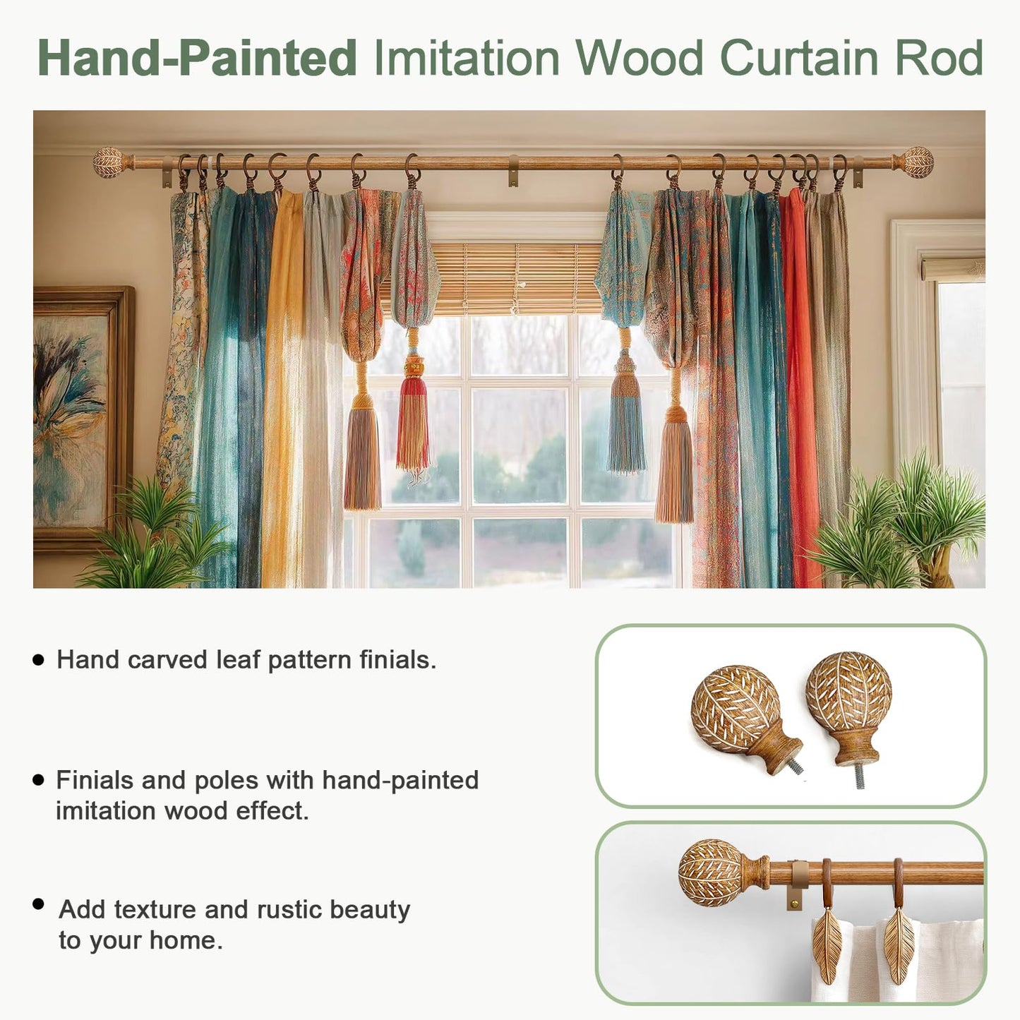 QDWIS Wood Curtain Rods for Windows 48 to 84 Inch,1'' Diameter Drapery Rods with Imitation Wood Grain Leaf Pattern Finials,Boho Adjustable Heavy Duty Curtain Rods Set,36-88''