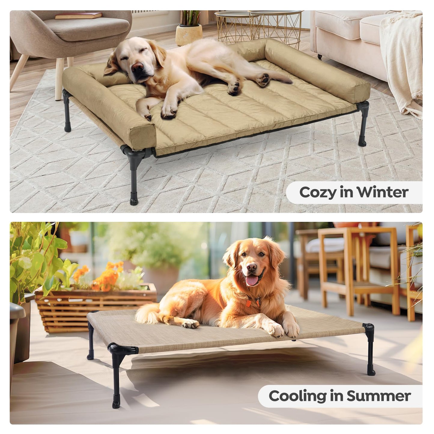 Veehoo Elevated Dog Bed, Lifted Dog Ded Add Waterproof Removable Pillow-Top Mat, Raised Pet Cot with Breathable Mesh, No-Slip Feet, Bolster Dog Cot Bed for Indoor & Outdoor, 81 x 64 cm, Beige