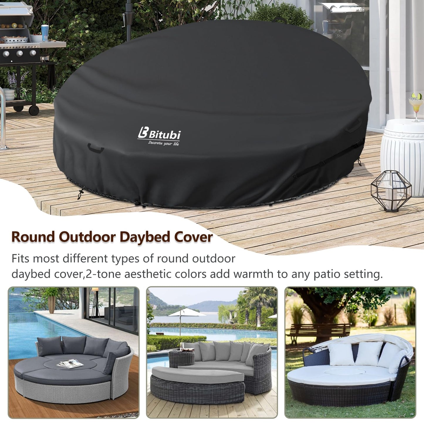 Bitubi 75 Inch Heavy Duty Waterproof Outdoor Daybed Cover - 600D Tough Canvas Anti-UV Patio Canopy Daybed Sofa Cover 75" Dia x 35"/16”H, Black