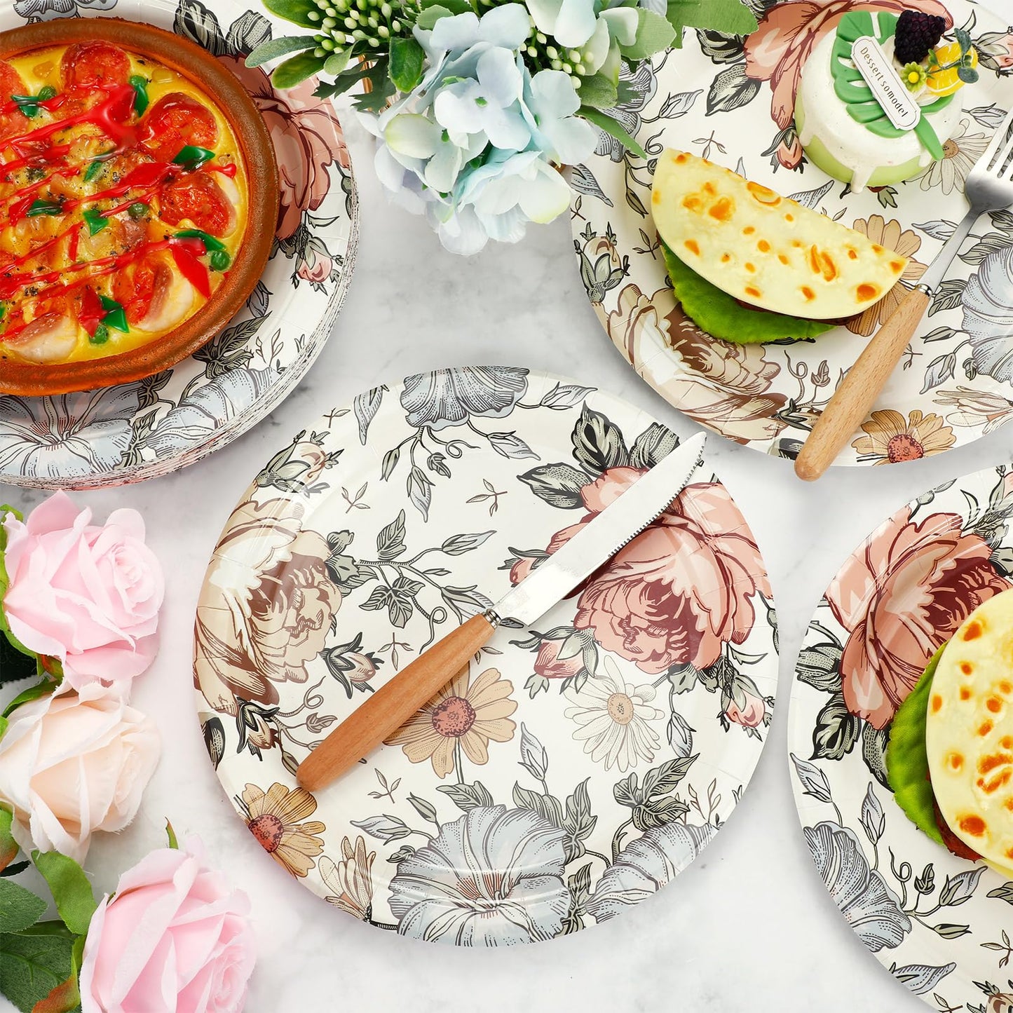 Uiifan 36 Pieces Vintage Flower Style Paper Plates, 9 Inches Elegant Wildflower Paper Plates Butterfly Disposable Plant Seashell Party Supplies for Garden Tea Wedding Birthday Shower (Floral)