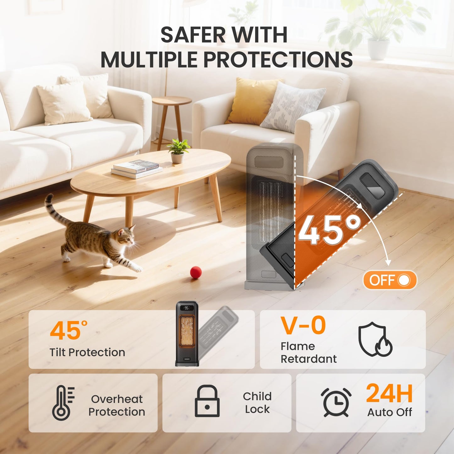 FLANUR Space Heater for Bedroom, Smart Electric Heater with WiFi and Voice Control, 12H Timer, 4 Modes, Thermostat, 1500W PTC Ceramic Indoor Heater, 36dB Quiet Heating for Home Office, 1Pack Black