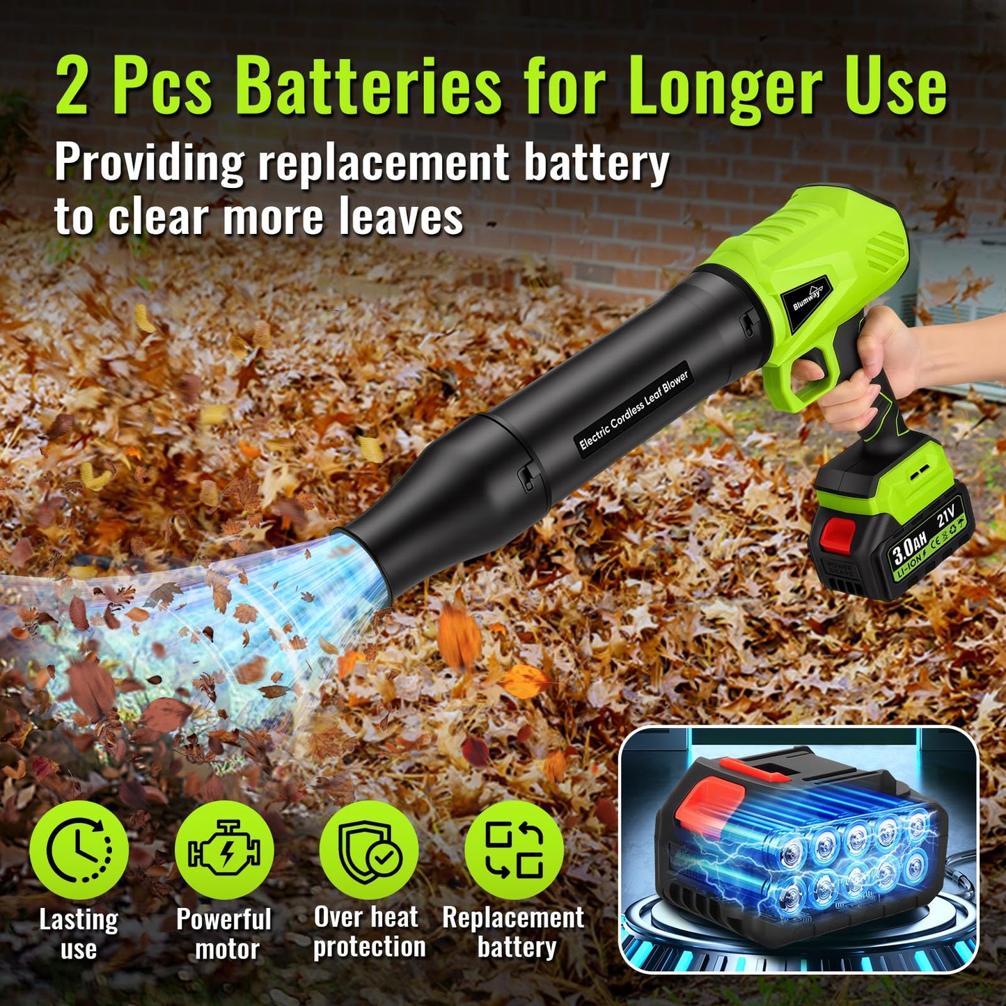 Blumway Leaf Blower Cordless with Battery, 21V Handheld Leaf Blower with 3 Extended Nozzles, Electric Leaf Blowers with 2 Pcs 3.0Ah Batteries, Portable Leaf Blowers for Lawn Care, Leaves,Dust, Car