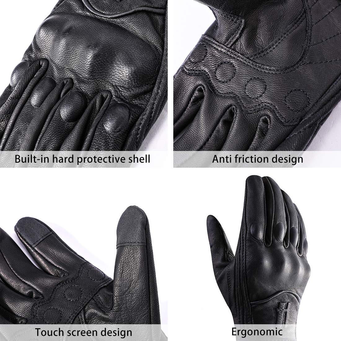 Harssidanzar Mens Full Finger Goatskin Leather Touchscreen Motorcycle Gloves GM028A,Black,Size L