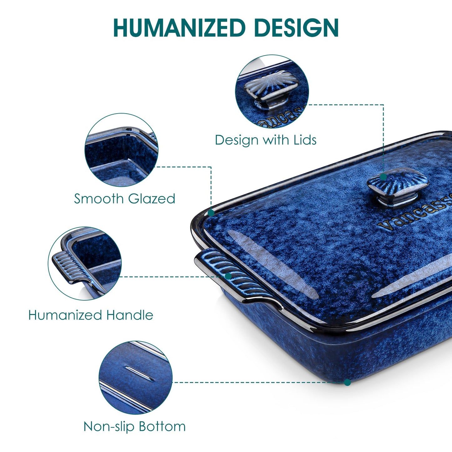 vancasso Starry Casserole Dish With Lid, 3.8 Quart Casserole Dish for Oven, 9x13 Baking Pan with Handles, Large Casserole Baking Dish Lasagna Pan with Lid, Microwave, Dishwasher Safe, Blue