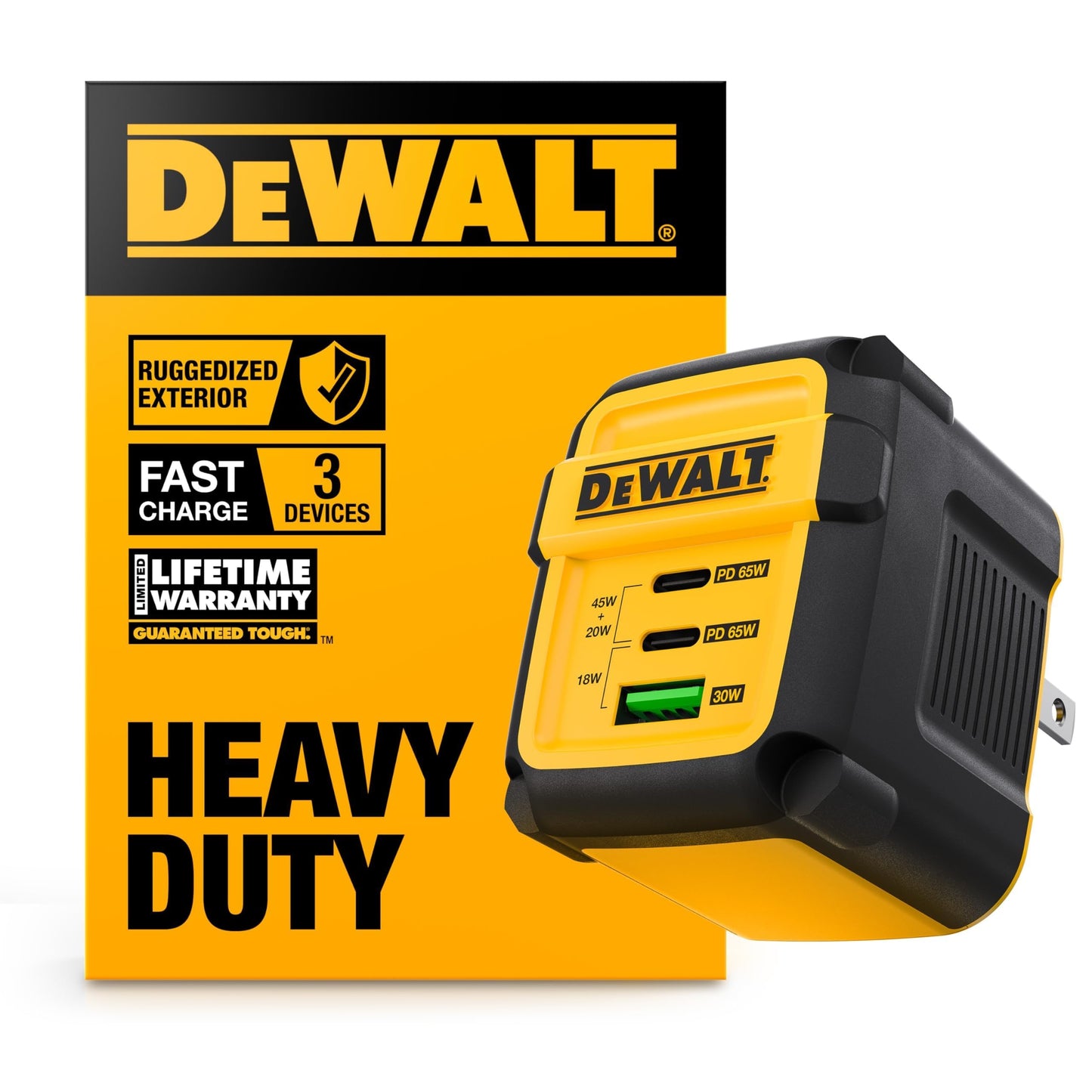 DEWALT Heavy Duty 3 Port Dual USB C Charger Block, USB C Power Adapter GaN Charger (65W), PPS 3-Port Fast Compact Foldable for MacBook Pro/Air iPad Pro Galaxy S23 Dell XPS 13 iPhone 17/16/15