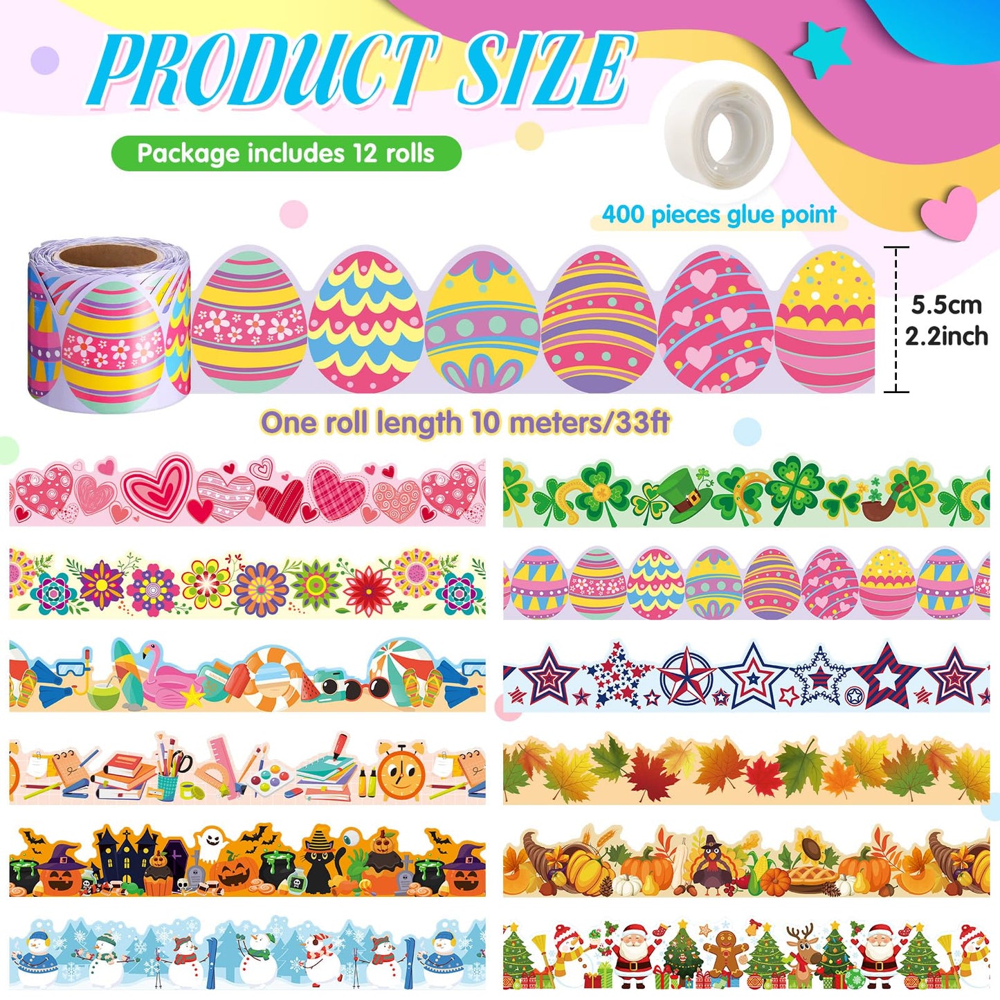 Geyee 12 Rolls 394 ft Holiday Bulletin Board Borders Seasonal Bulletin Board Decorations Summer Beach Trim for School Classroom Wall Decor