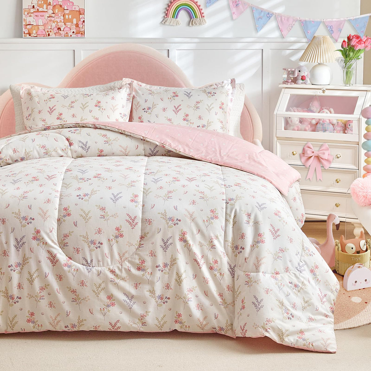 Joyreap 3pcs Cotton Comforter Set for Girls, Pink Floral Design, Twin Size Soft n Cozy Bedding Comforter Set for All Season- 68x88 inches