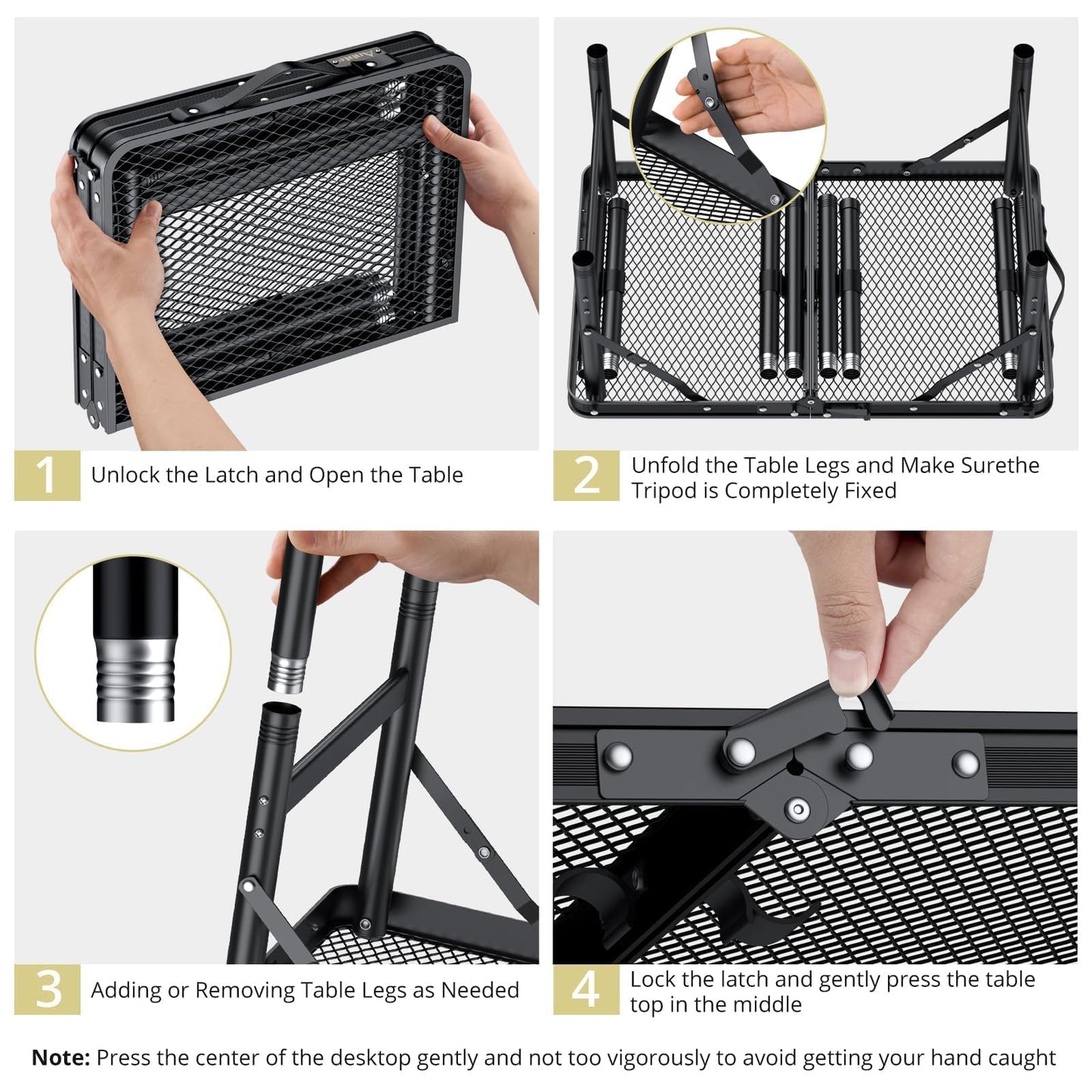 Anbte 2ft Folding Grill Table Max 29.5", 3 Adjustable Height Lightweight Camping Table with Heat-Resistant Mesh Tabletop Portable Handle, Waterproof, for Cooking BBQ Outdoor, 22.8" X 16", Black