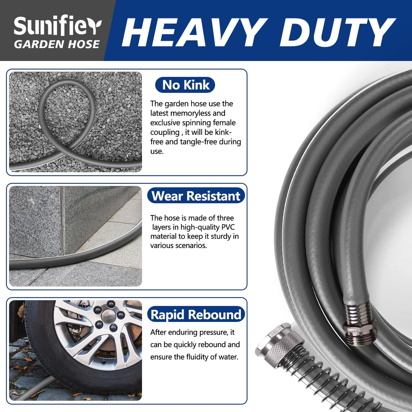 5/8’’ Heavy Duty Garden Hose 100 ft – Outdoor Hybird Water Hose with Solid Fitting - Flexible, Kinkless, Lightweight Garden Hose for Lawn Watering, Car Washing - Burst 500 Psi (Grey,50 ft)