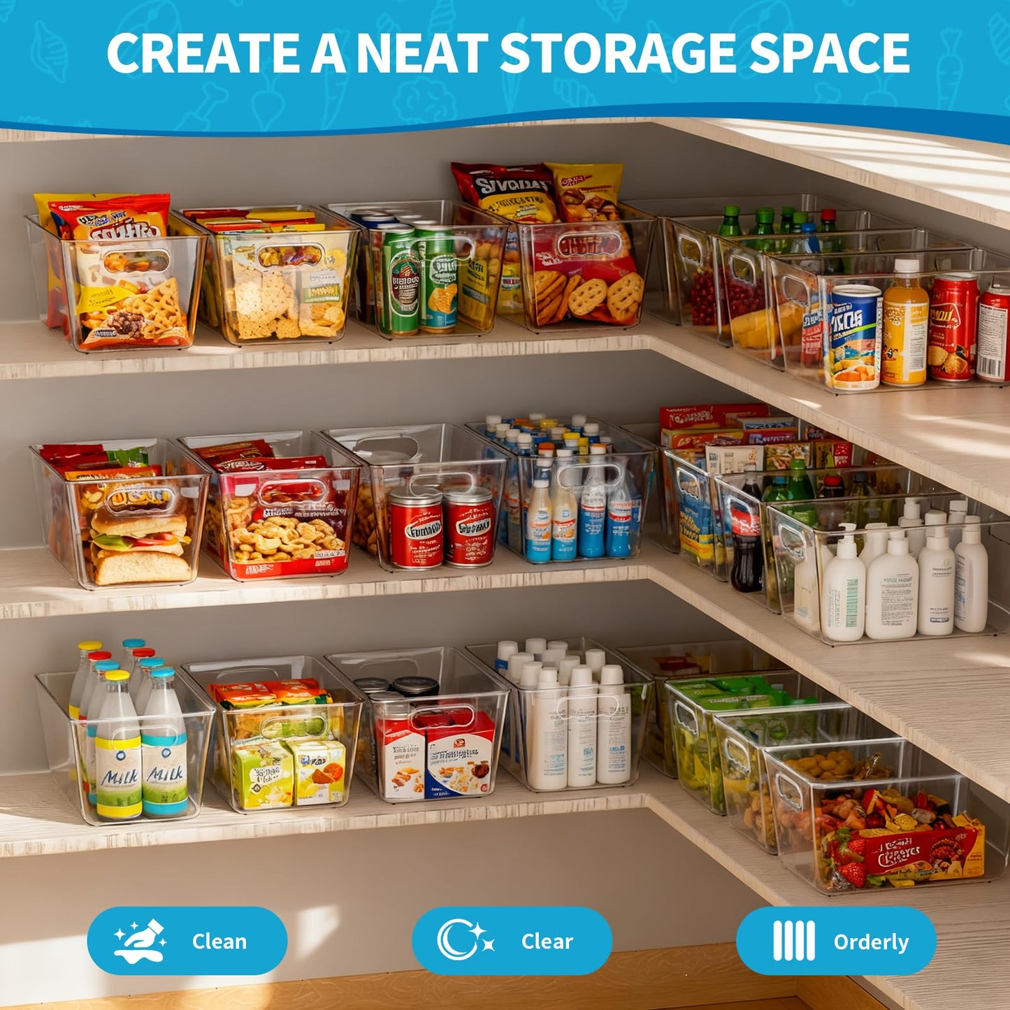 KJIXYUNG Clear Plastic Storage Bins, Pantry Organizers & Storage Containers, Cabinet Organizer, Home Organization Must Haves for Kitchen, Laundry Room, Office, Closet & Freezer (6 Pack with Lids)