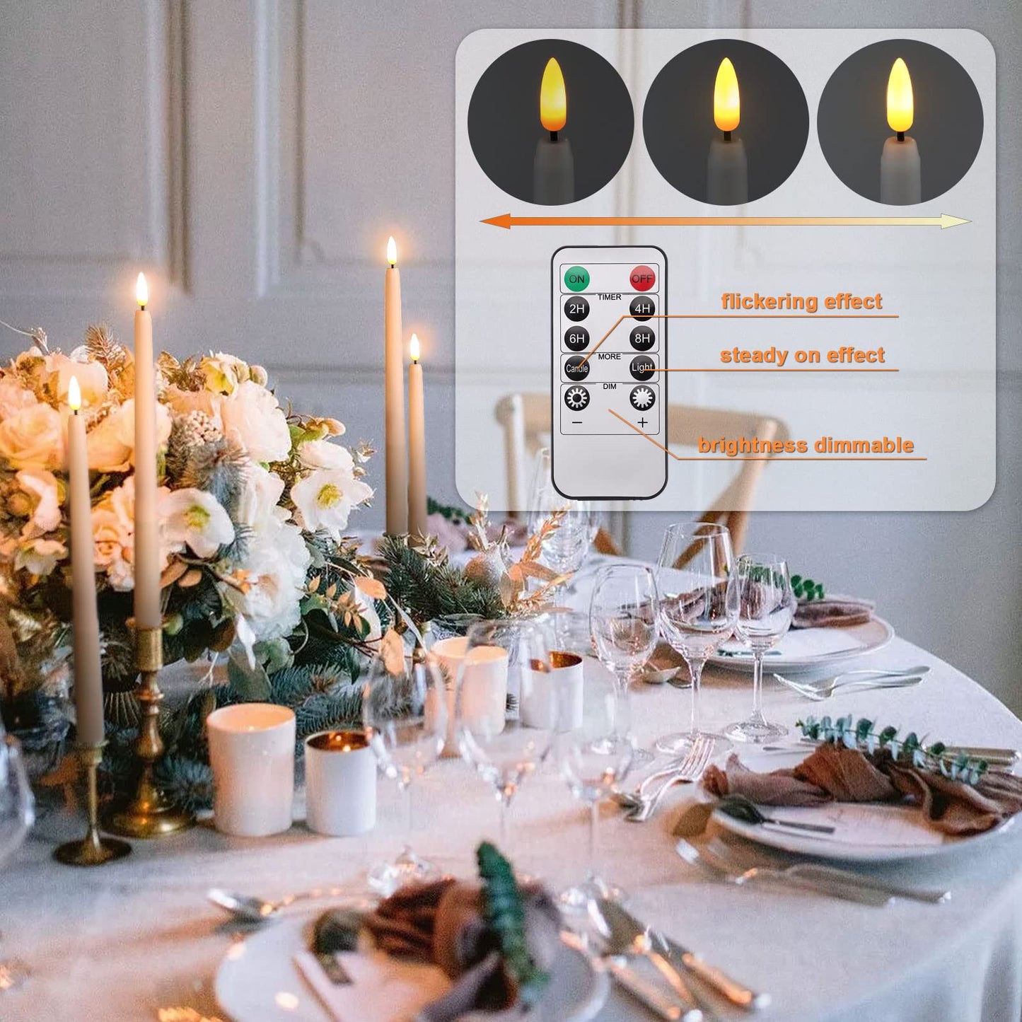 IMAGE Taper Candles, 12 Pcs Battery Operated 3D Wick Ivory Taper Flameless Candles with 10 Keys Remote and Timer, Flickering Flameless with 100M Fishing Line Warm White