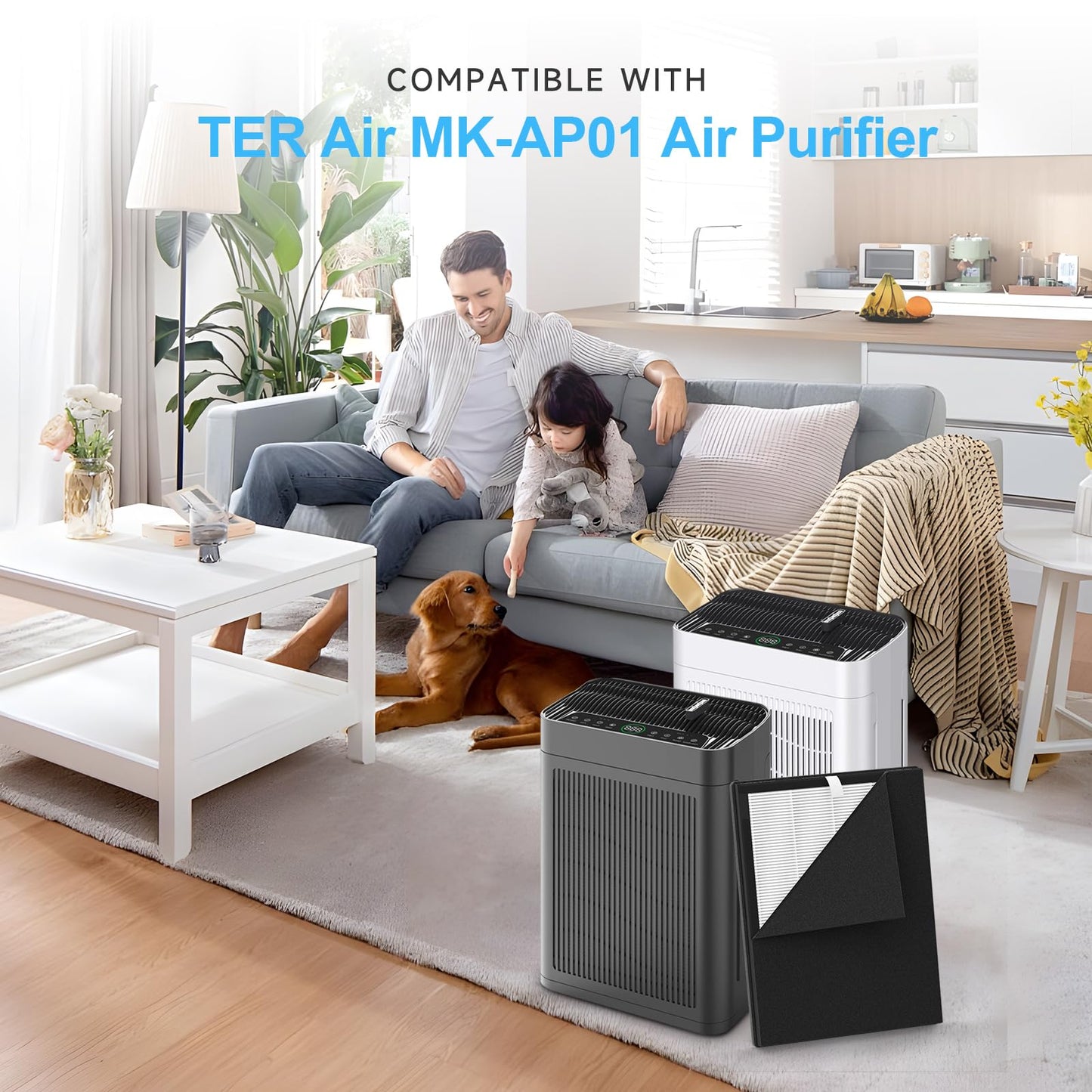 MK-AP01 Replacement Filter Compatible with TER Air MK-AP01 Air Purifier, Double-Sided Filters for Home Large Room up to 3000sq.ft with Washable Pre-filter, 4 Pack
