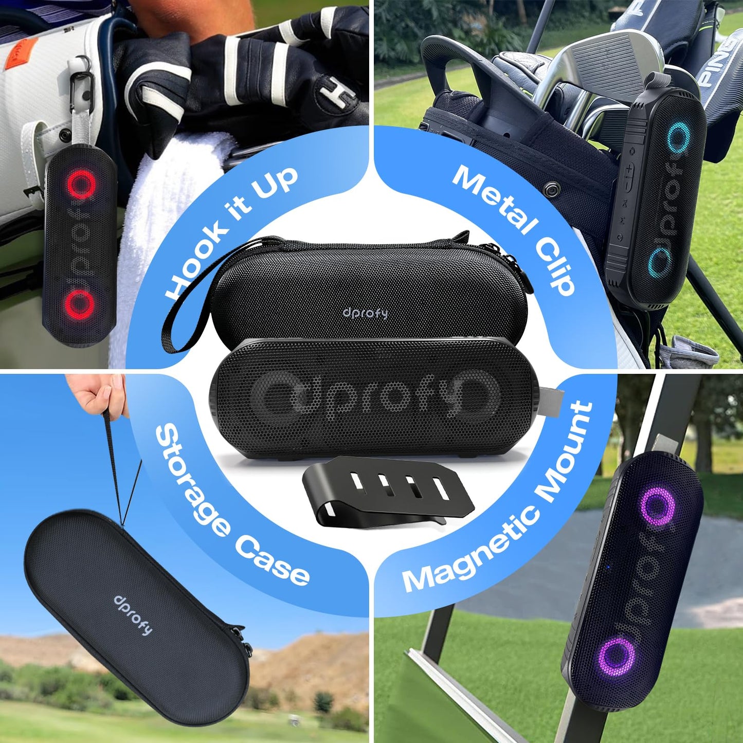 New Play 2 Rounds of Golf, Magnetic Bluetooth Golf Speaker Golf Cart Speaker, Stereo Sound Portable Pro Wireless Waterproof Speaker with Rich Bass, Golf Accessories Golf Gifts (with Light)