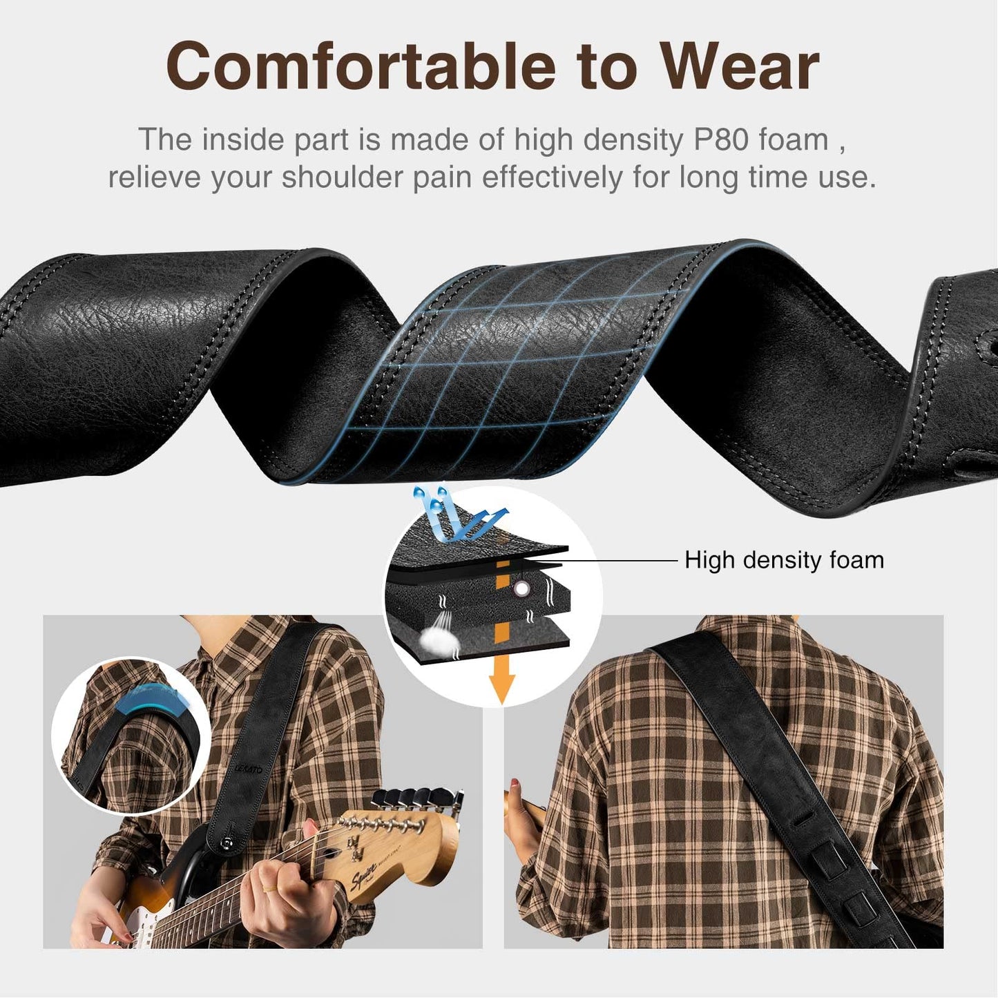 LEKATO 2.5" Wide Padded Leather Guitar Strap, Adjustable Length 41" to 51", Black