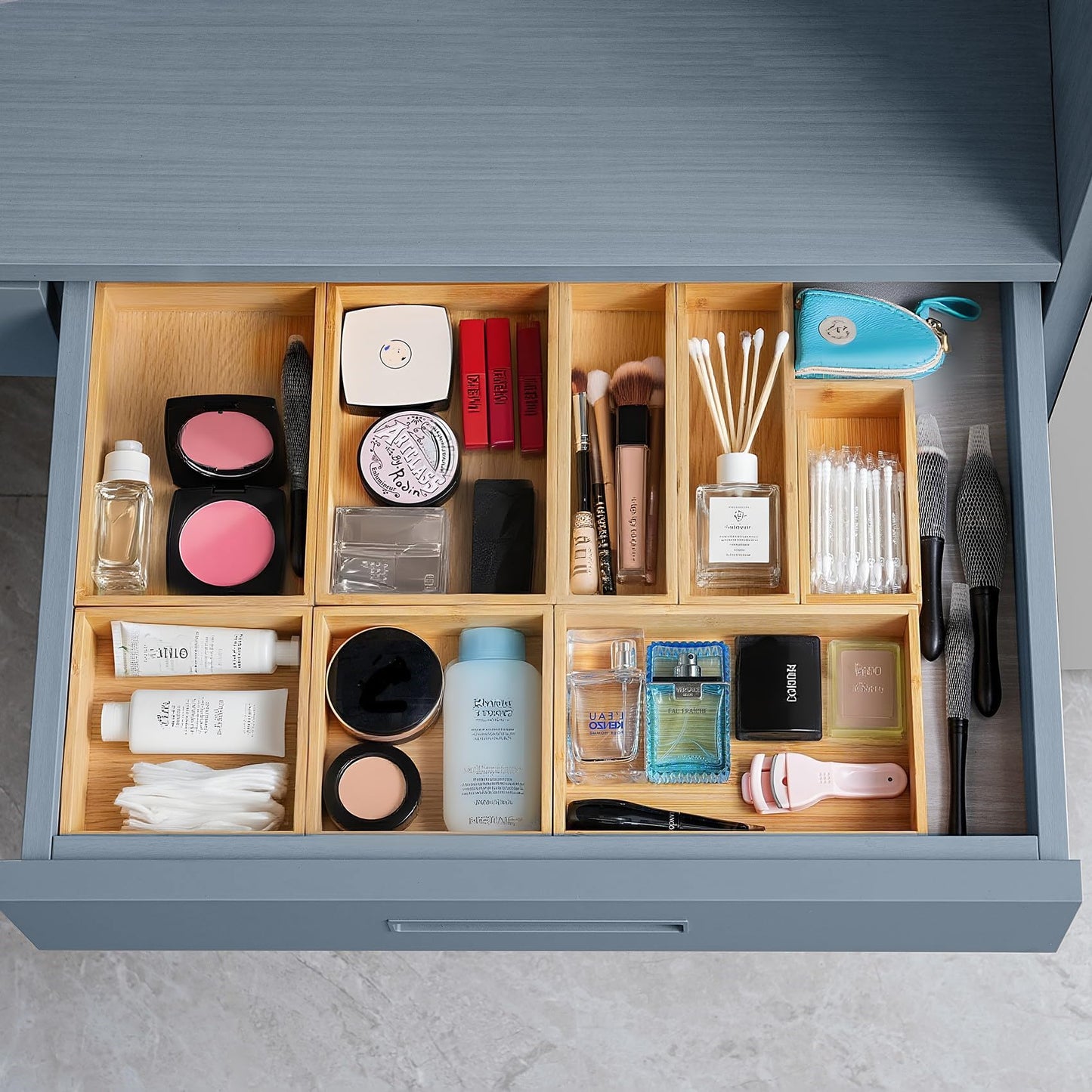 Drawer Organizer, Set of 9 Bamboo Wood Kitchen Makeup Desk Junk Tea Drawer Storage Boxes Bins for Cutlery Silverware Utensils Flatware, Small Wooden Container Tray for Bathroom, Office