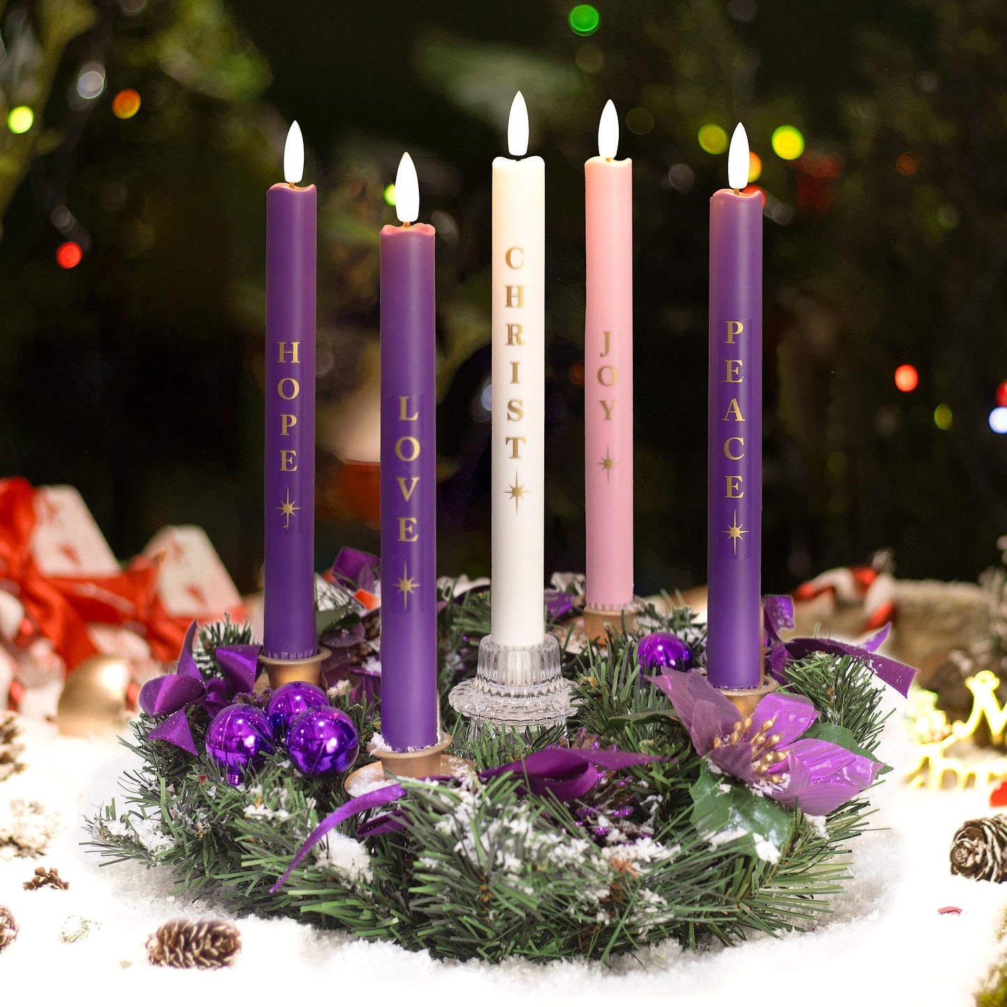 Stmarry Flameless Advent Candles Battery Operated, Advent Candles Set of 5, 10 Inch Tall, Realistic 3D Flames and Remote Control, Electric LED Candle Set for Advent Wreath