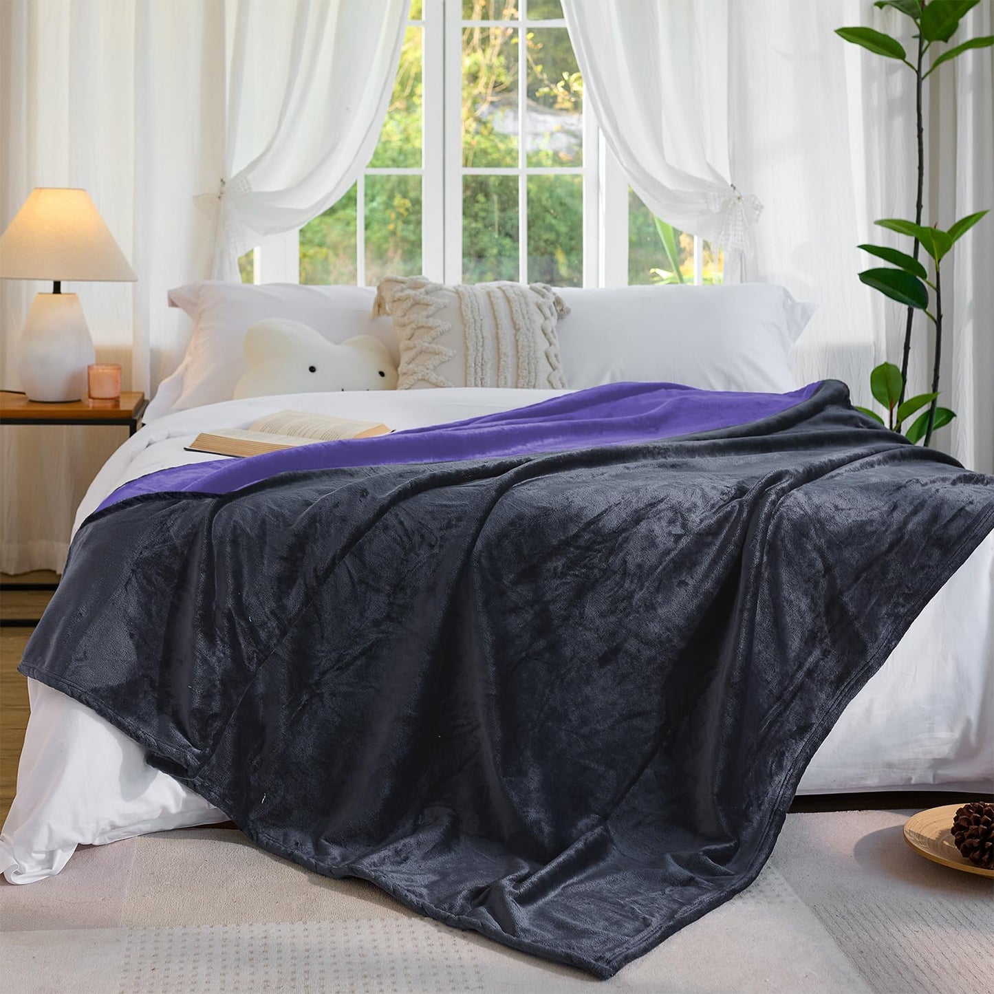 YISURE Waterproof Reversible Blanket 80''x60'' for Bed, Grey/Purple Washable Blankets for Adults Couples, Reversible Leakproof Protector Couch Bed Cover