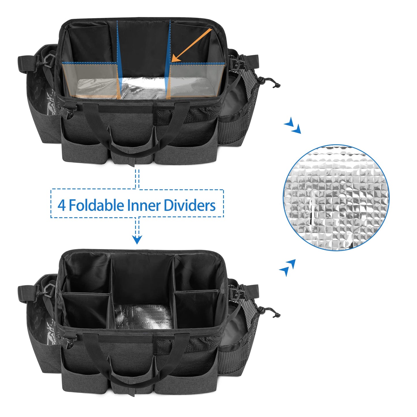 LoDrid Wearable Cleaning Caddy Bag with 4 Foldable Dividers, Tote Organizer with Shoulder Strap and Side Handles for Cleaners & Housekeepers, Black, Bag Only