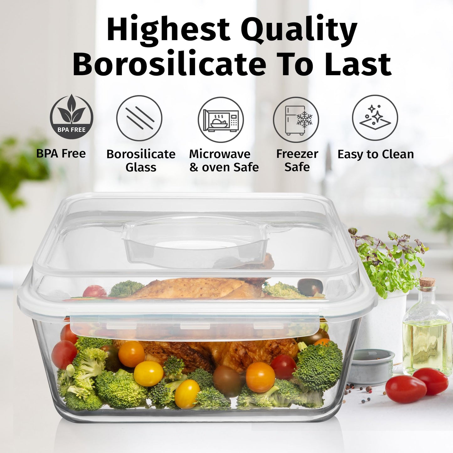 Razab 6500 ML / 220 oz / 28 Cup Large Glass Container Food Storage with Lids - Leakproof, Bpa-Free Large Meal Prep Container Ideal for Roasting Turkey, Store Leftover - Microwave & Oven Safe
