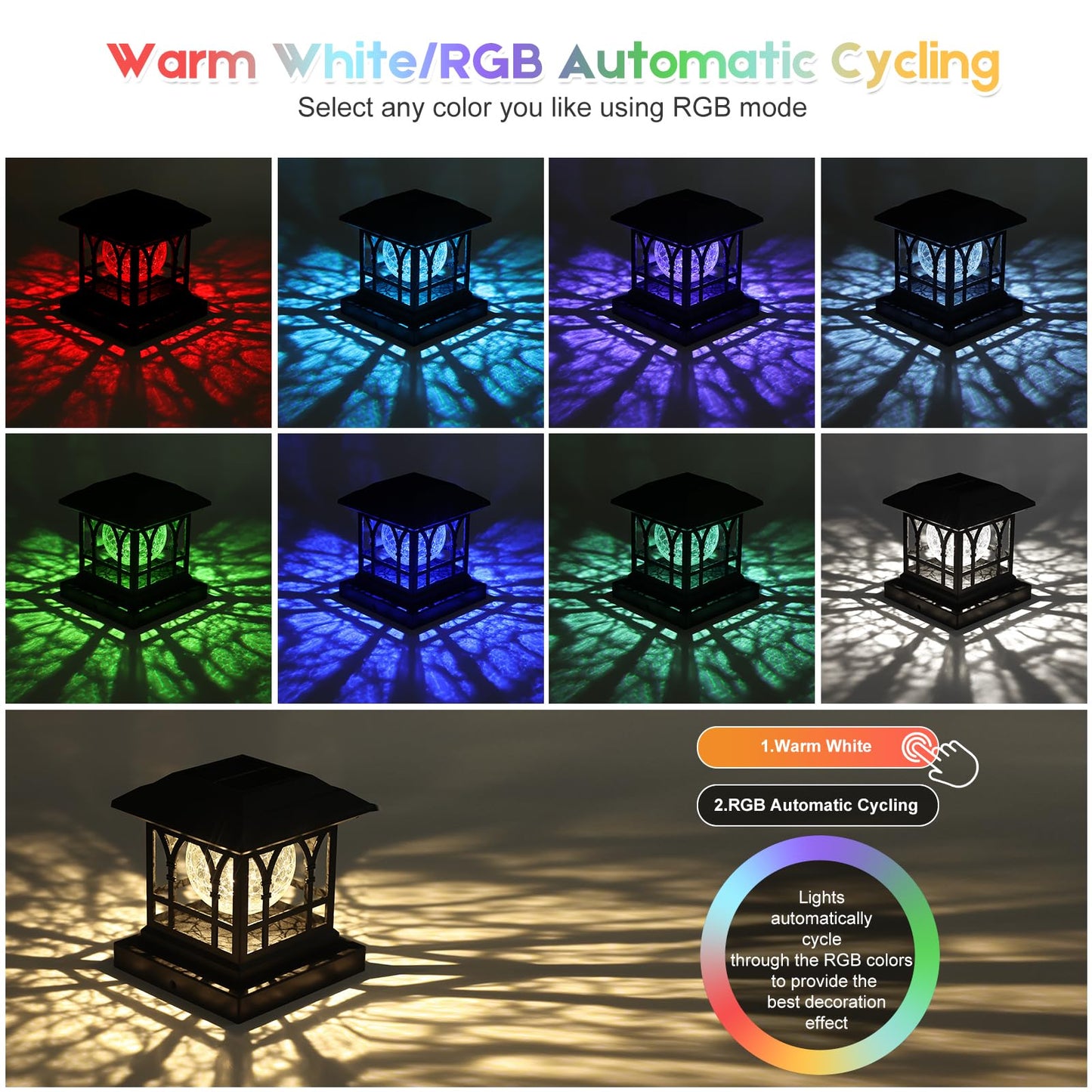 AEYANZZ Fence Post Solar Lights, Crackle Glass Solar Post Cap Lights, 20 Lumens, Warm White & RGB Automatic Cycling 2 Modes for 3.6x3.6 4x4 4.5x4.5 5x5 Vinyl Wooden Posts Decoration, Black (2 Pack)