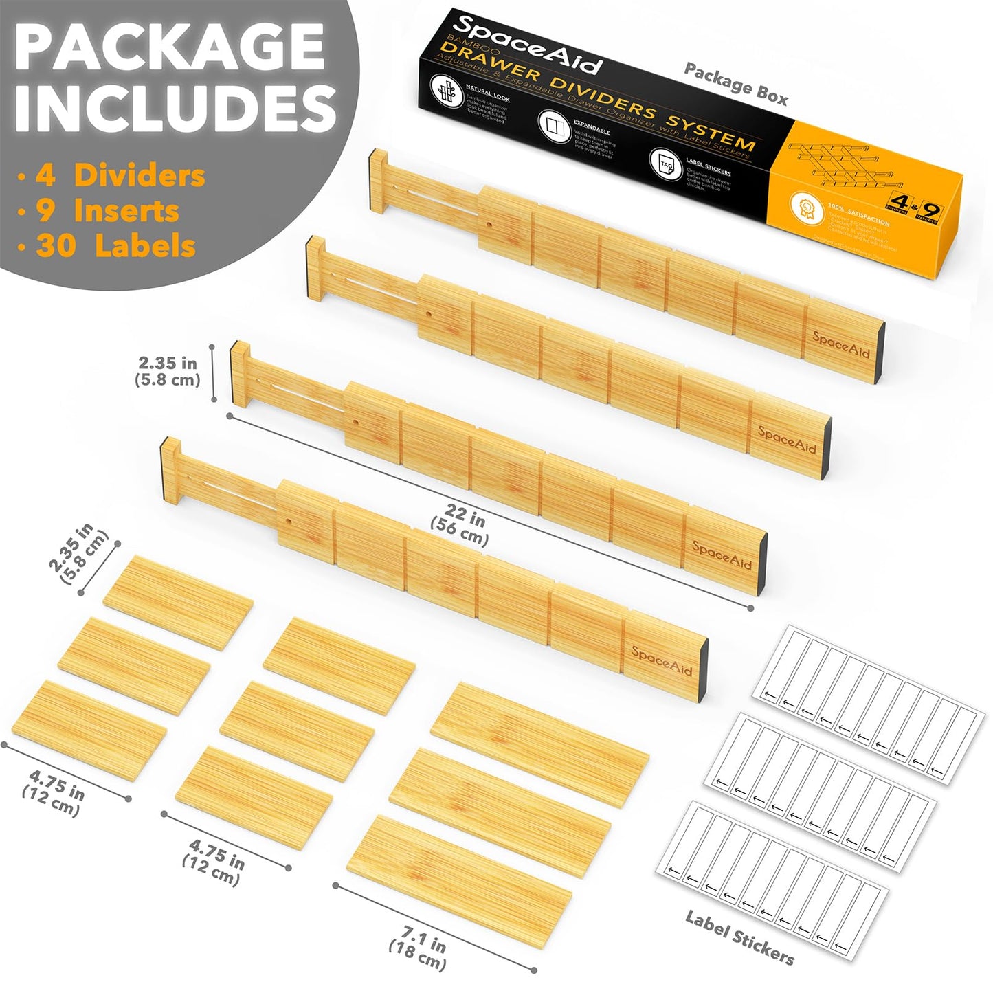 SpaceAid Bamboo Drawer Dividers with Inserts and Labels, Kitchen Cabinet Adjustable Drawer Organizers, Expandable Organization for Home, Office, Dressers, 4 Dividers with 9 Inserts (17-22 in)