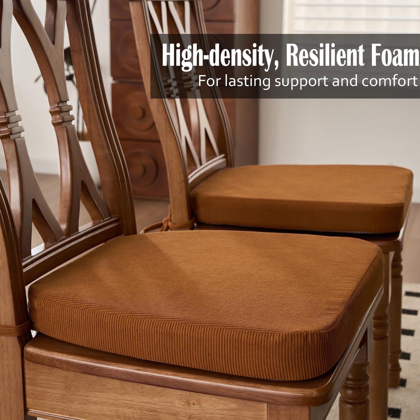 Nobildonna Dining Chair Cushions Set of 4-2" Thick High-Density Foam Chair Pads with Ties and Non-Slip Bottom, Removable Washable Cover for Dining and Kitchen, 17"x16", Orange Brown