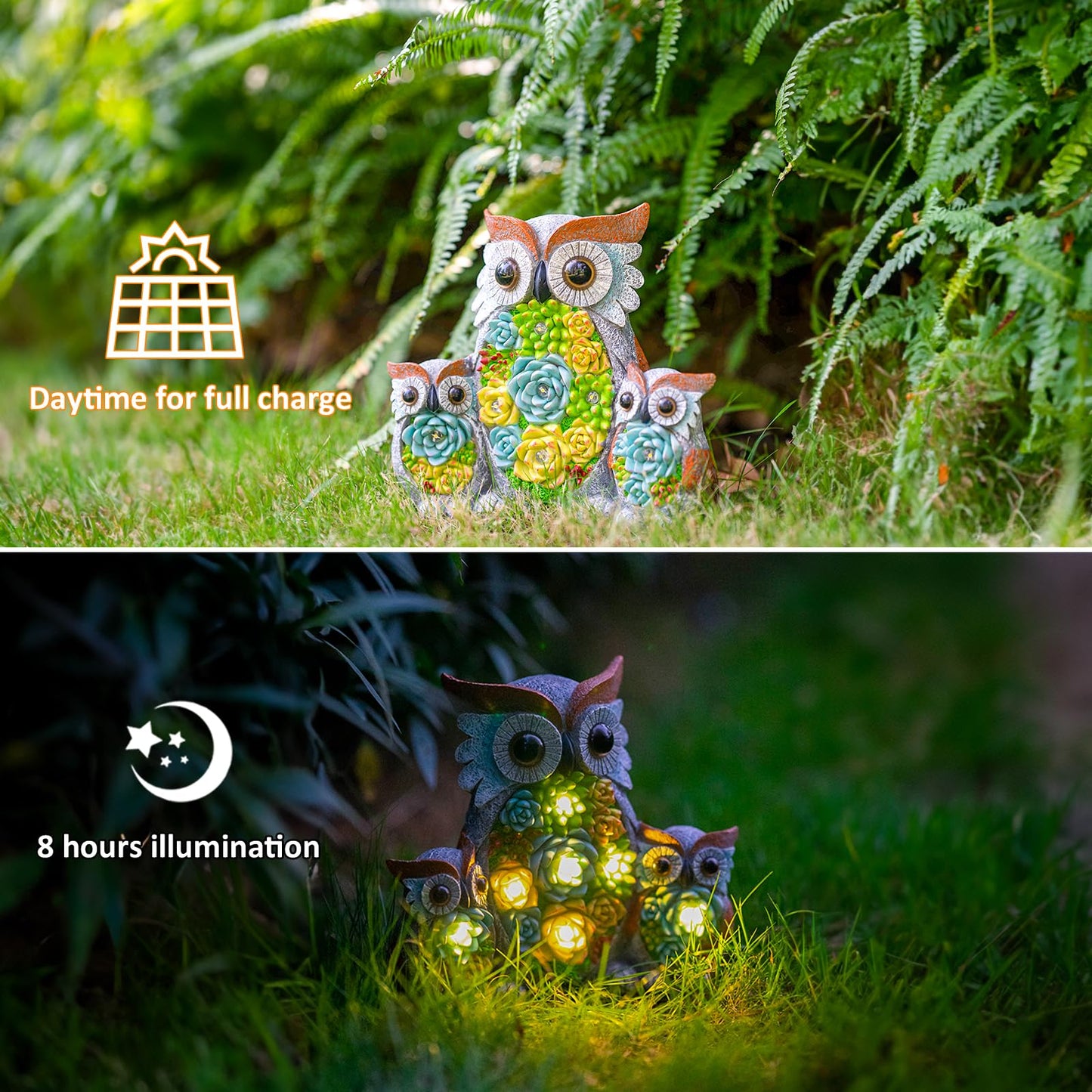 Candieslife Solar Garden Statue Lights Owl Figurine with LED Lights, Outdoor Garden Succulent Ornaments Waterproof Decoration for Outside Patio Yard Lawn Decor