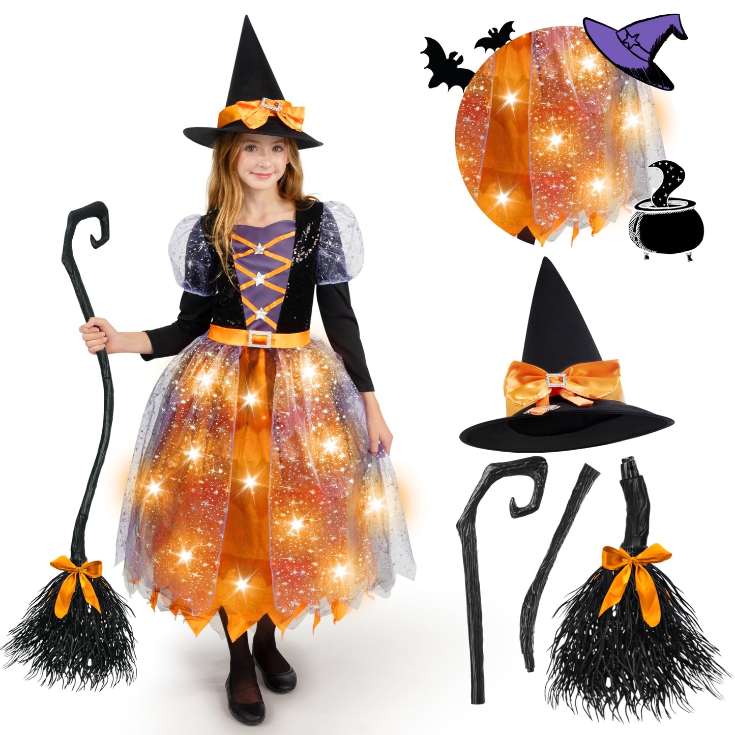 Spooktacular Creations Orange Witch Costume Kids, Light Up Halloween Witch Dress Hat Broom for Girls, Sweet Wizard Set, S