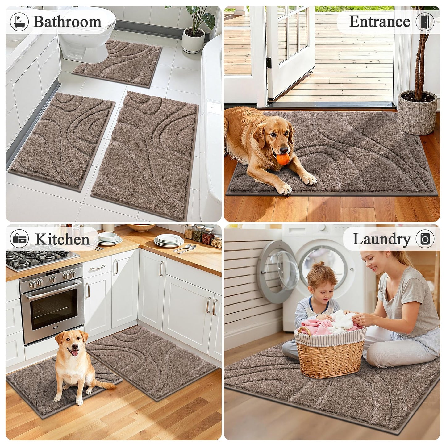 HEBE Microfiber Bath Mat Set 3 Piece, Ultra Absorbent Bathroom Mat, Non-Slip Plush Shaggy Bathroom Rug, Machine Washable Bath Mats for Bathroom Floor, Tub and Shower, Brown
