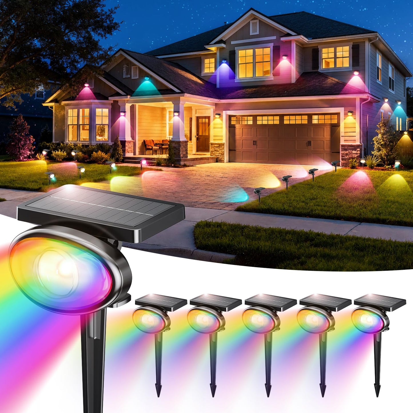 Quntis 6-Pack RGBCW Solar Spot Lights Outdoor, Upgrade Brighter Optical Lens,10 Color Changing Solar Landscape Spotlights,Waterproof Wall & Ground Solar Lights Outdoor for Garden Yard Path Wall