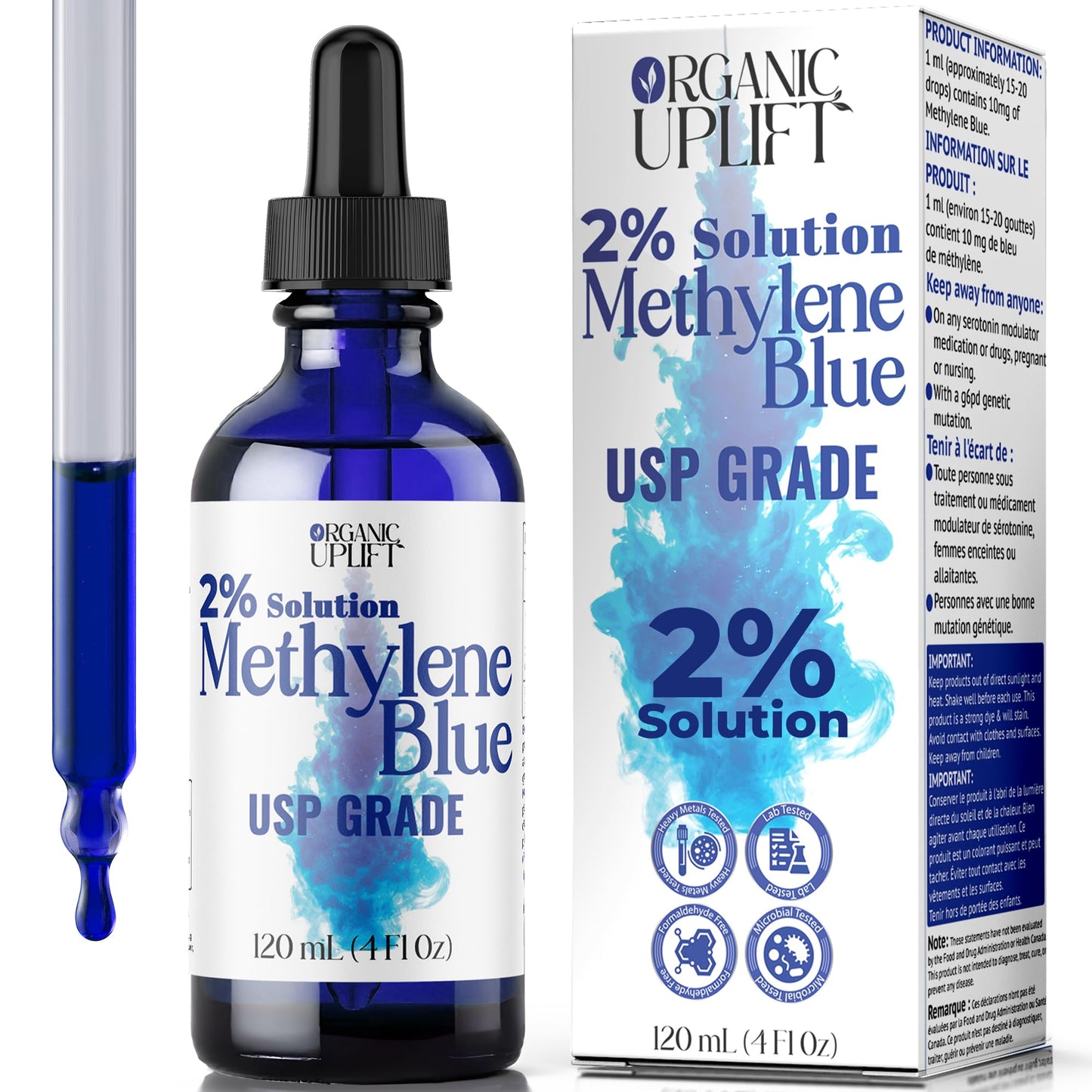 2% High Concentrate Methylene Blue 120ml Solution - Ultra High Purity, 2% Aqueous USP Grade Solution, Formaldehyde Free, Amber Glass Bottle with Graduated Dropper, Includes Certificate.