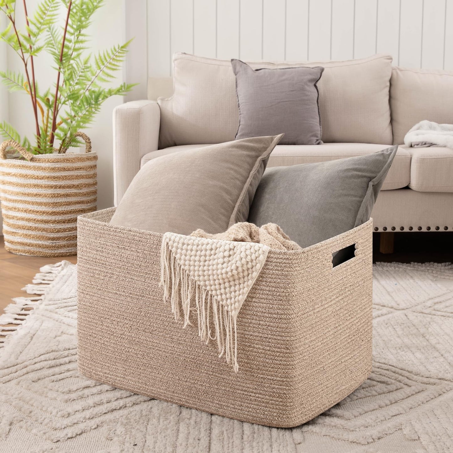 OIAHOMY 118L Cotton Rope Storage Basket, Oversized Blanket Basket, Living Room, Bathroom, Nursery, Bedroom Dirty Clothes Basket, Toy Storage Basket with Handles, 25" x 17" x 16",Brown variegated
