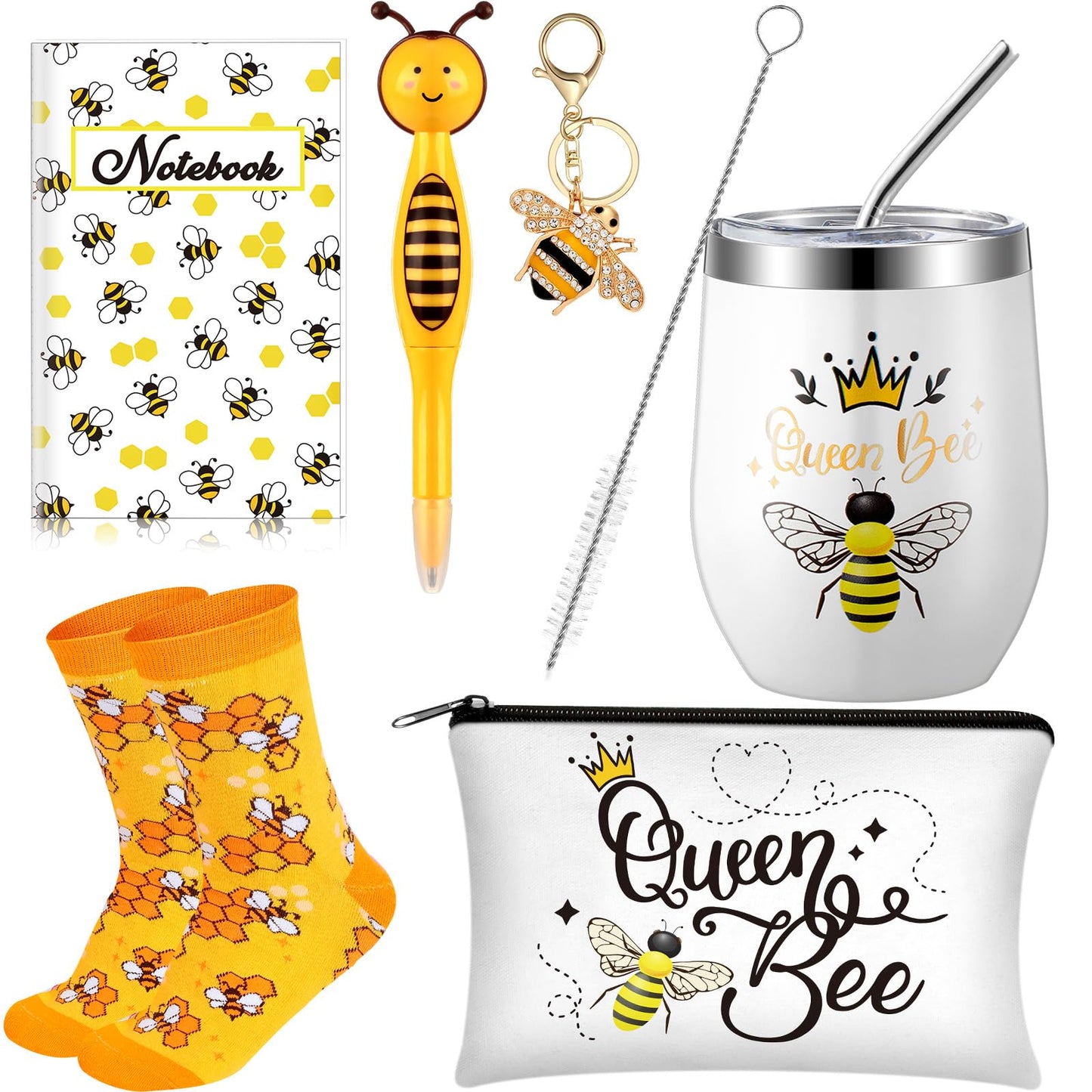 Panitay 6 Pcs Bee Themed Gifts Set for Women, 12 Ounce Stainless Steel Tumbler with Straw and Brush Socks Cosmetic Bag Notebook Pen Keychain for Mom Friends Teacher Bee Lover Gifts