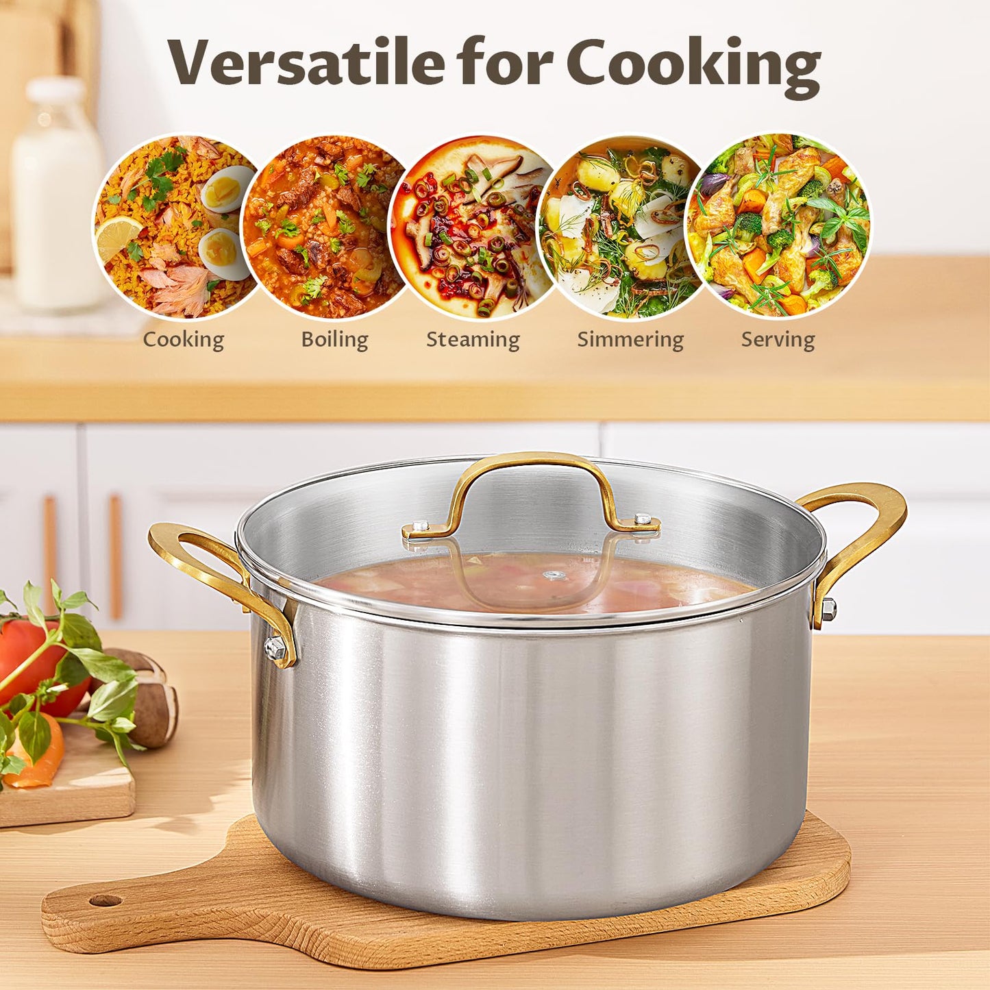 BEZIA 8 Quart 3-Ply Stainless Steel Stockpot, Soup Pot with Lid in Fully Clad Tri-Ply Stainless Steel, Even Heat Distribution, Cooking Pot with Handles, All Cooktops Compatible, Perfect for Stew