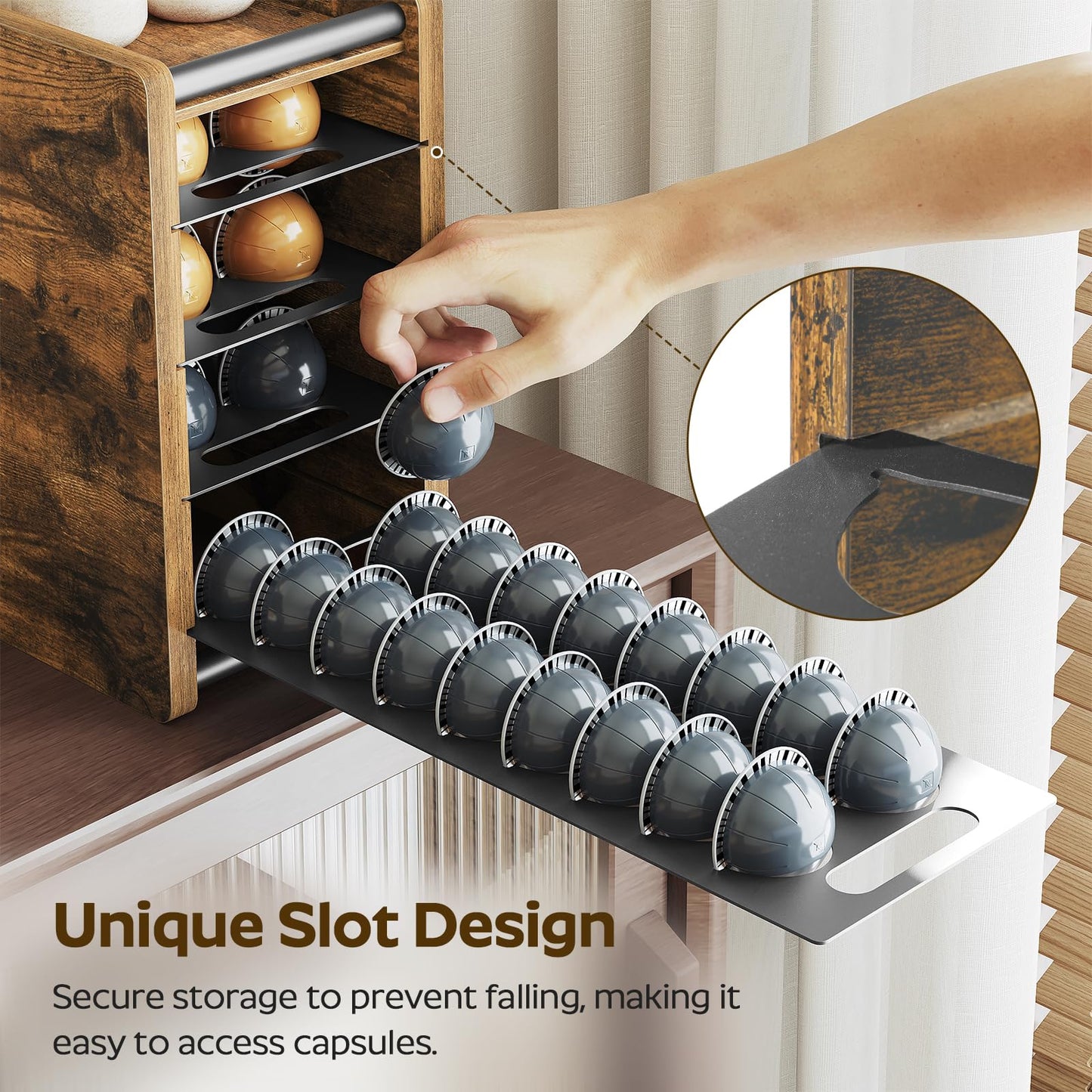 YATINEY Coffee Pod Drawer Holder, 72 Pods Large Capacity, 4 Tier Holder for Vertuo, Coffee Pod Organizer for Countertop, Storage Rack for Nespresso Vertuo Pods, Space Saving, Rustic Brown KH06BR