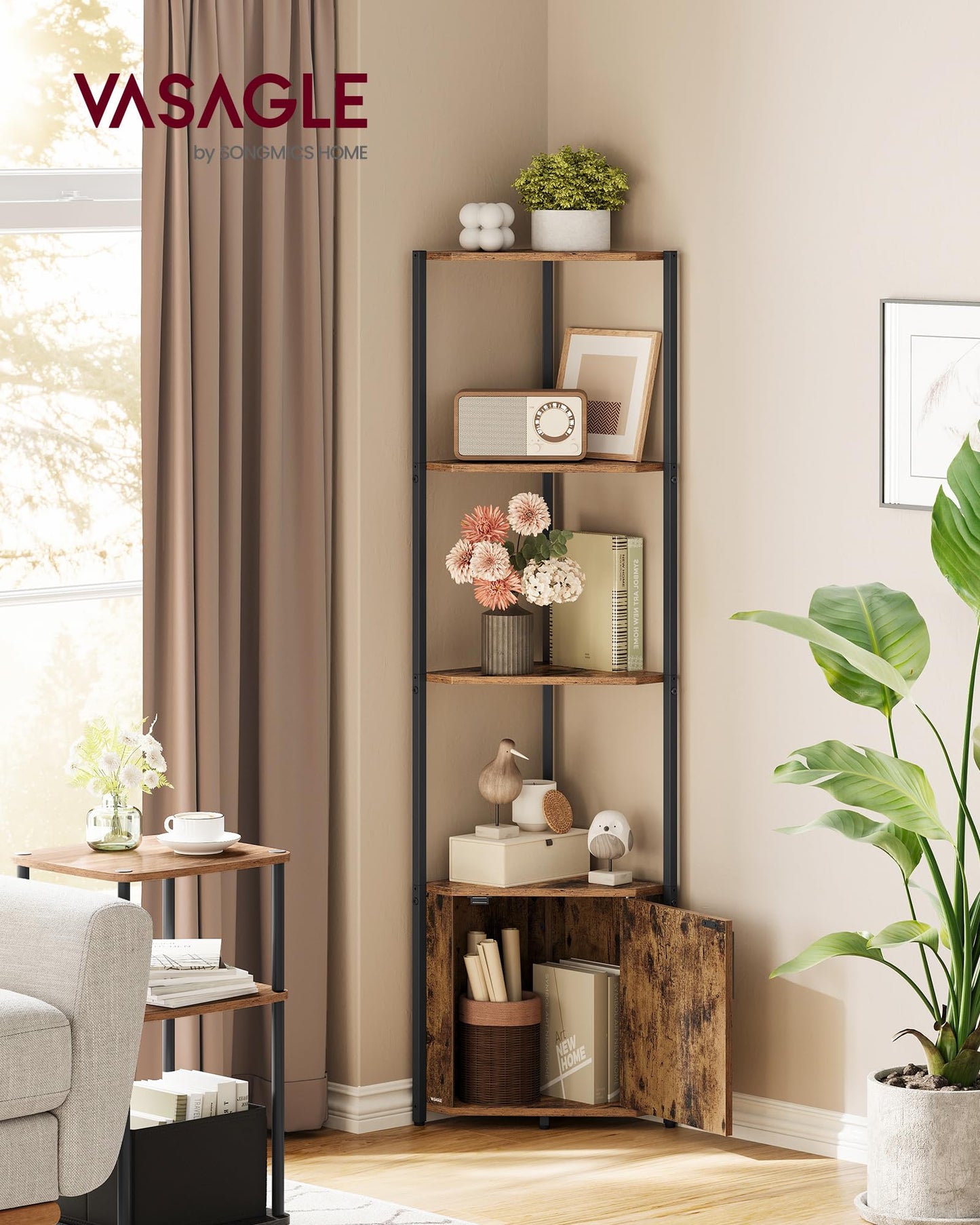 VASAGLE Corner Shelf with Storage, 5-Tier Corner Storage Cabinet, for Living Room, Bedroom, Kitchen, Bathroom, Rustic Brown and Ink Black ULBC580K01