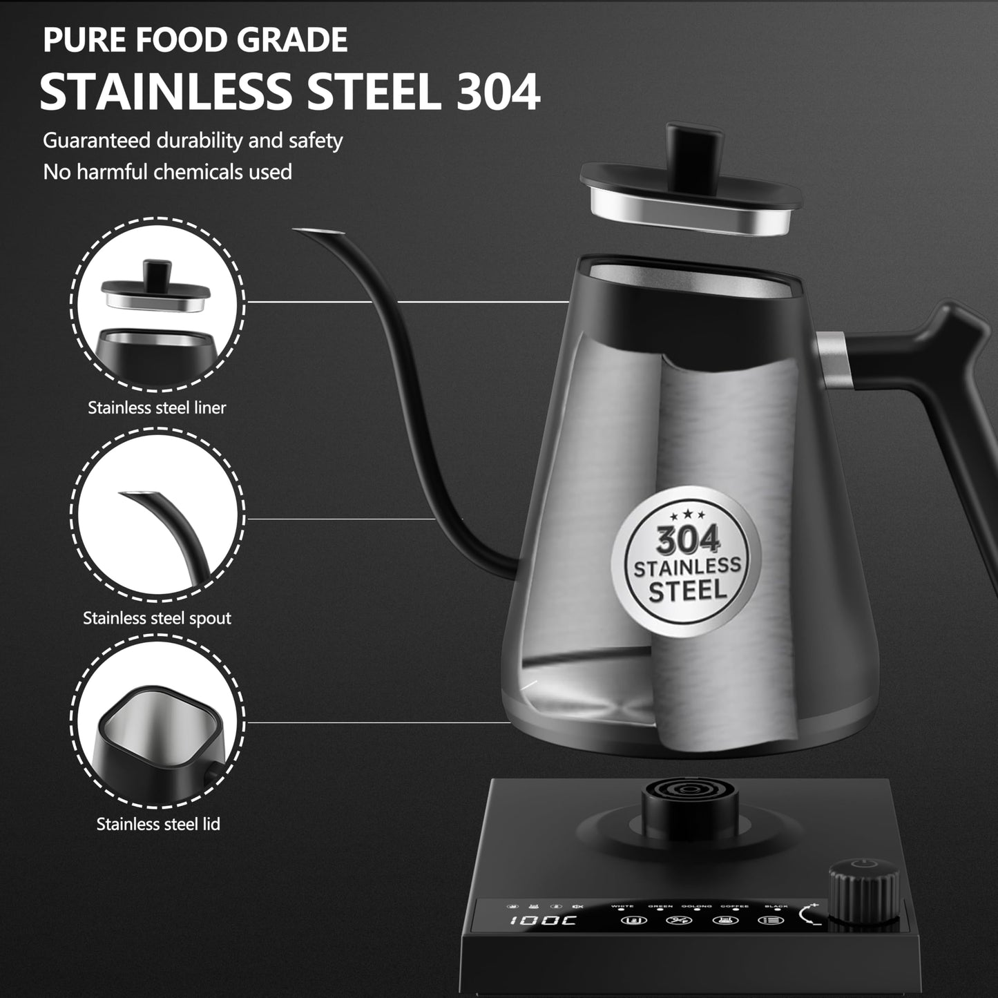 LXTaoler Electric Gooseneck Kettle, 0.6L Pour Over Electric Kettle, 1000 Watt Temperature Control &Quick Heating, Stainless Steel Inner, Tea Kettle (Black)