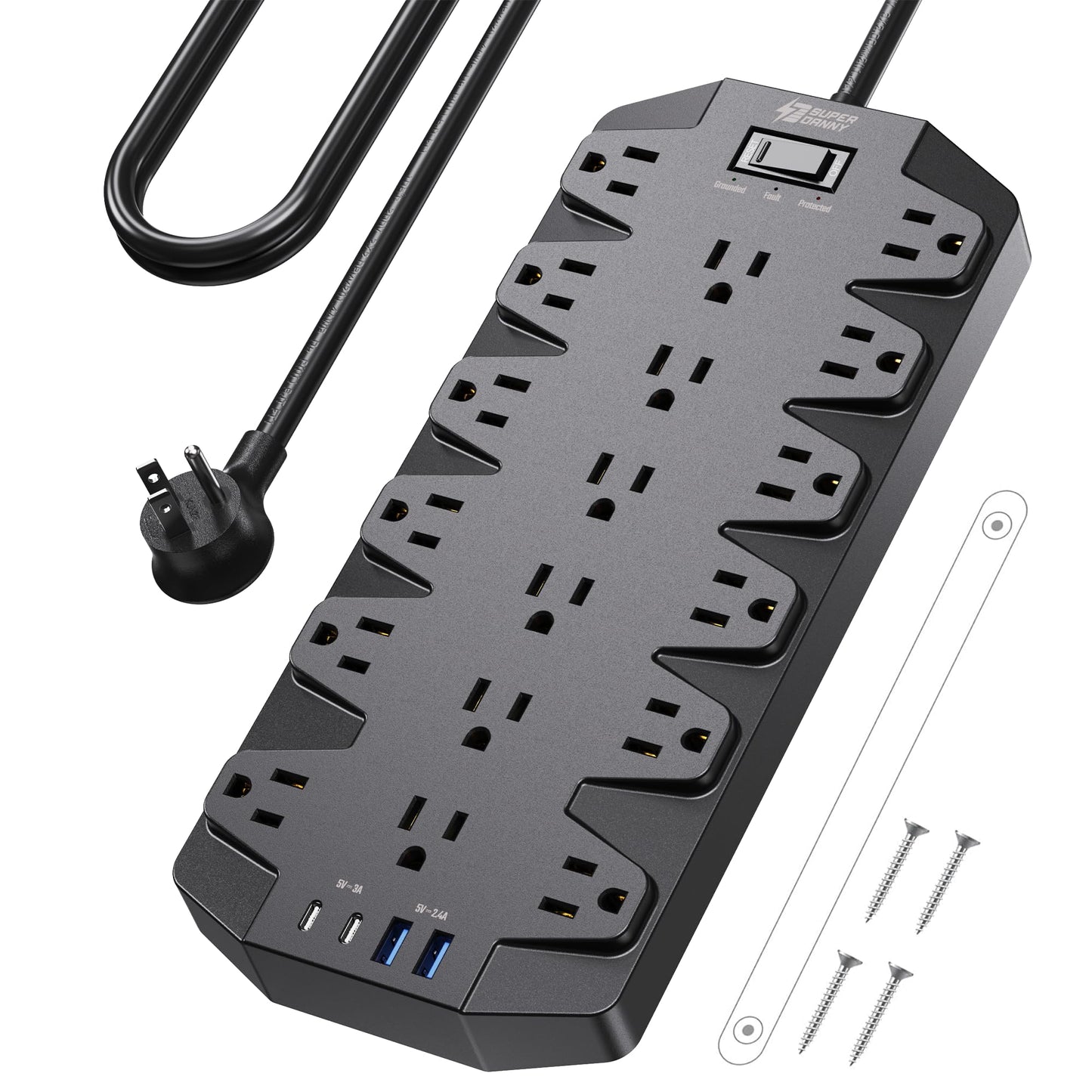 Power Bar with Surge Protector, SUPERDANNY 18 Widely-Spaced AC Outlets and 2 USB 2 C Ports, 2100 Joules, 1875W/15A, 6.5Ft Flat Plug Extension Cord, Wall Mountable for Home, Office, Dorm, Black