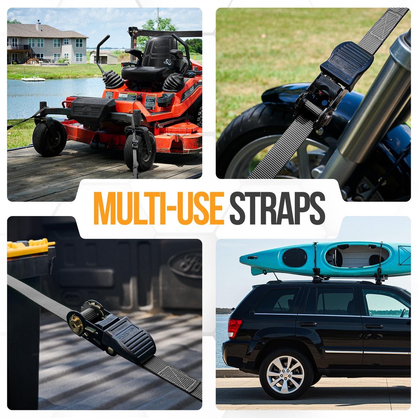FORTEM Ratchet Straps, 748kg Break Strength, 4 4.57M Tie Down Strap Set, 4 Soft Loops, Motorcycle Straps Tie Downs, Cargo Straps for Trucks, Rubber Handles, Coated Metal Hooks, Carry Bag