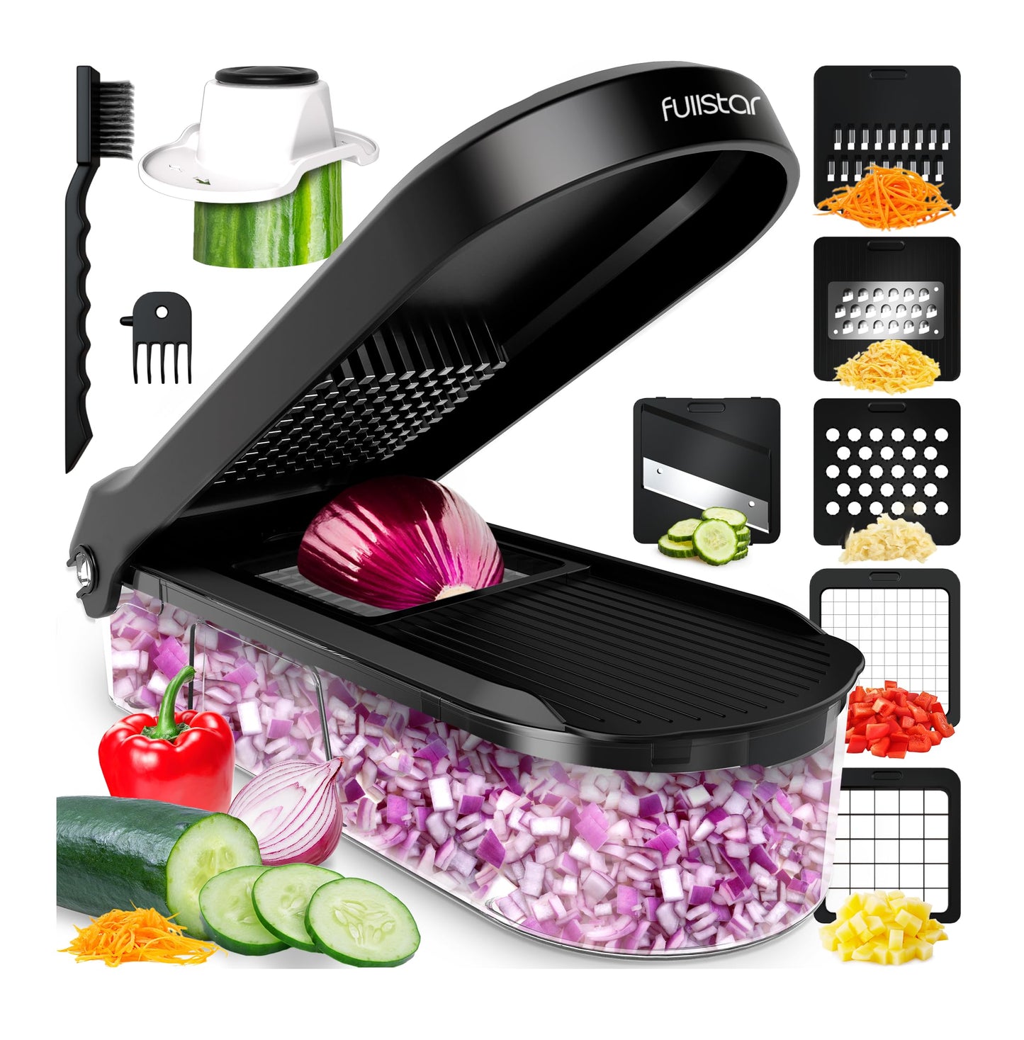 Fullstar Vegetable Chopper & Mandoline Slicer - Julienne Cutter Dicer Grater for Food Veggie Onion Cucumber Tomato Salad Potato Cheese - Kitchen Essentials & Gadgets (Compact 6-in-1, Black)