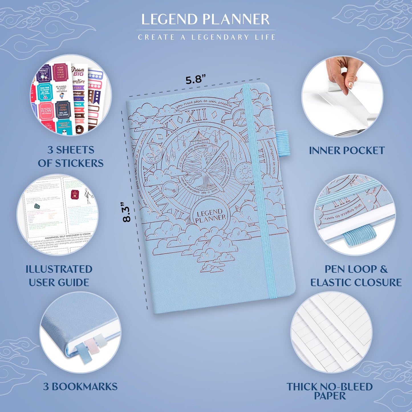 Legend Planner Hourly Schedule Edition – Deluxe Weekly & Daily Organizer with Time Slots. Time Management Appointment Book Journal for Work & Personal Life, Undated, Hardcover – Periwinkle, Gold Foil
