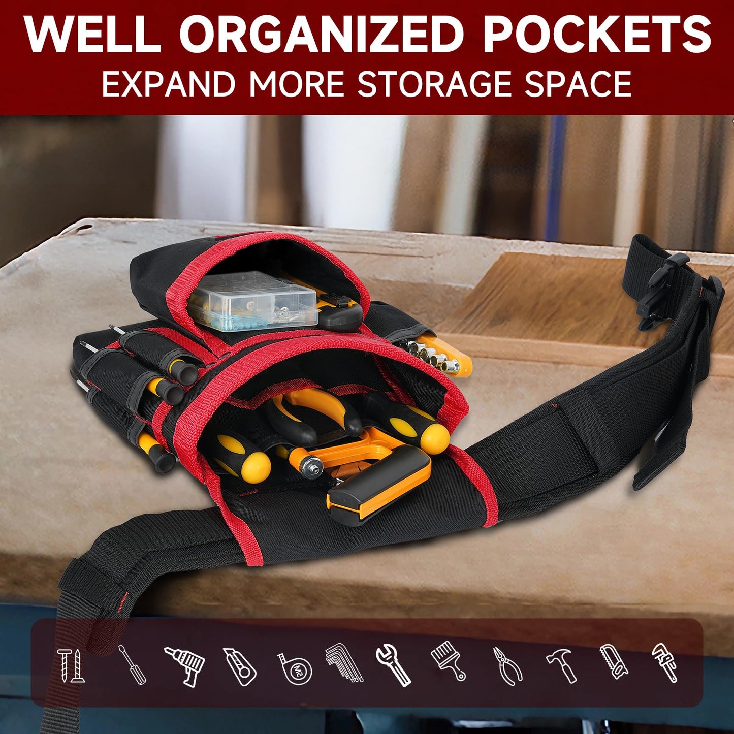Tool Belt,Magnetic Tool Pouch,27-Pockets Heavy Duty Padded Tool Belts for Men,Detachable & Adjustable Tool Pouch Bag for Electrician,Carpenter,Construction,Work Apron,Utility Belt,Black,Red