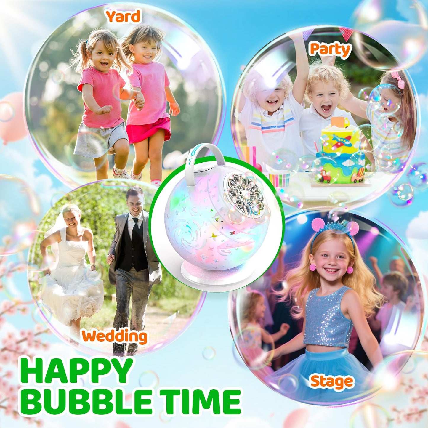 Bubble Machine, Rechargeable Bubble Blower with Remote Control, 10-Hole Bubble Maker for Kids, 7-Color Lights, 90°/360° Rotation, USB-C Charging, Outdoor Toys Gift for Boys Girls Parties, Birthday