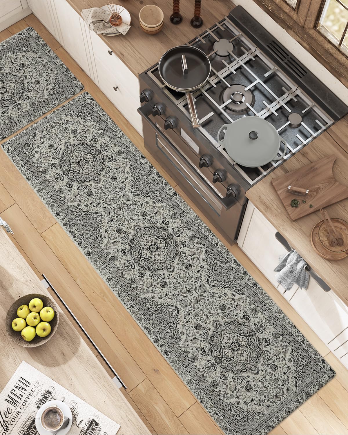 DEXI Kitchen Mats for Floor Anti Fatigue, 23x86 Long Runner Rug with Non Slip Back, Cushioned Foam Waterproof Standing Desk Boho Floral Home Decor, Grey