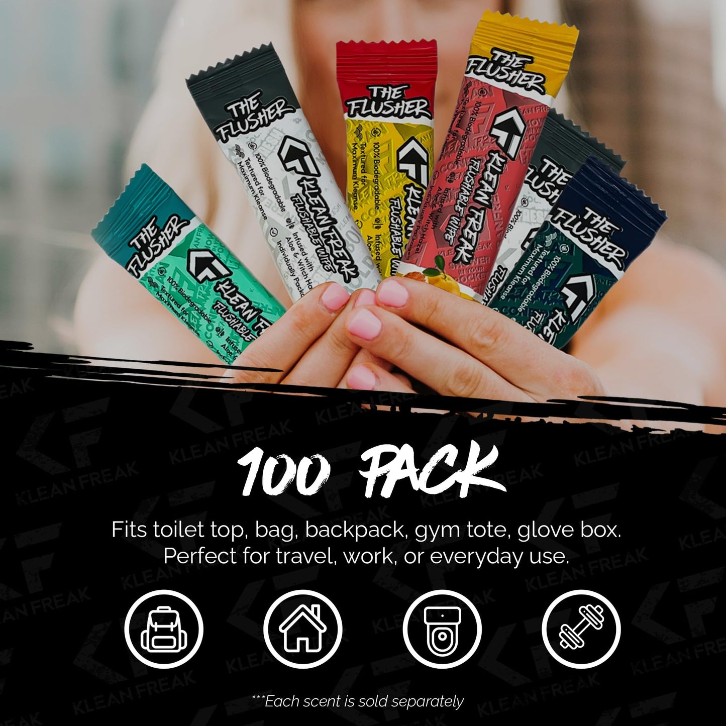 THE KLEAN FREAK FLUSHER - 100 Pack FLUSHABLE WIPES Flushable Wipes For Adults & Kids Unscented/Scented - 100% BIODEGRADABLE Individual Wrapped Travel WET Wipe for Toilet - Scent Free